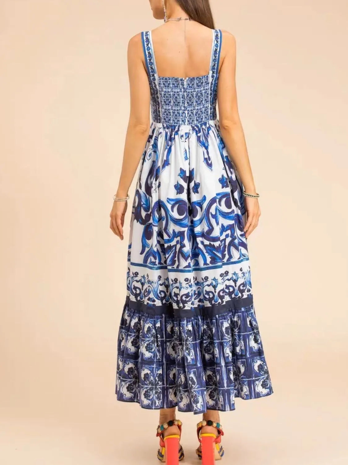 Smocked Ruched Wide-Strap Dress