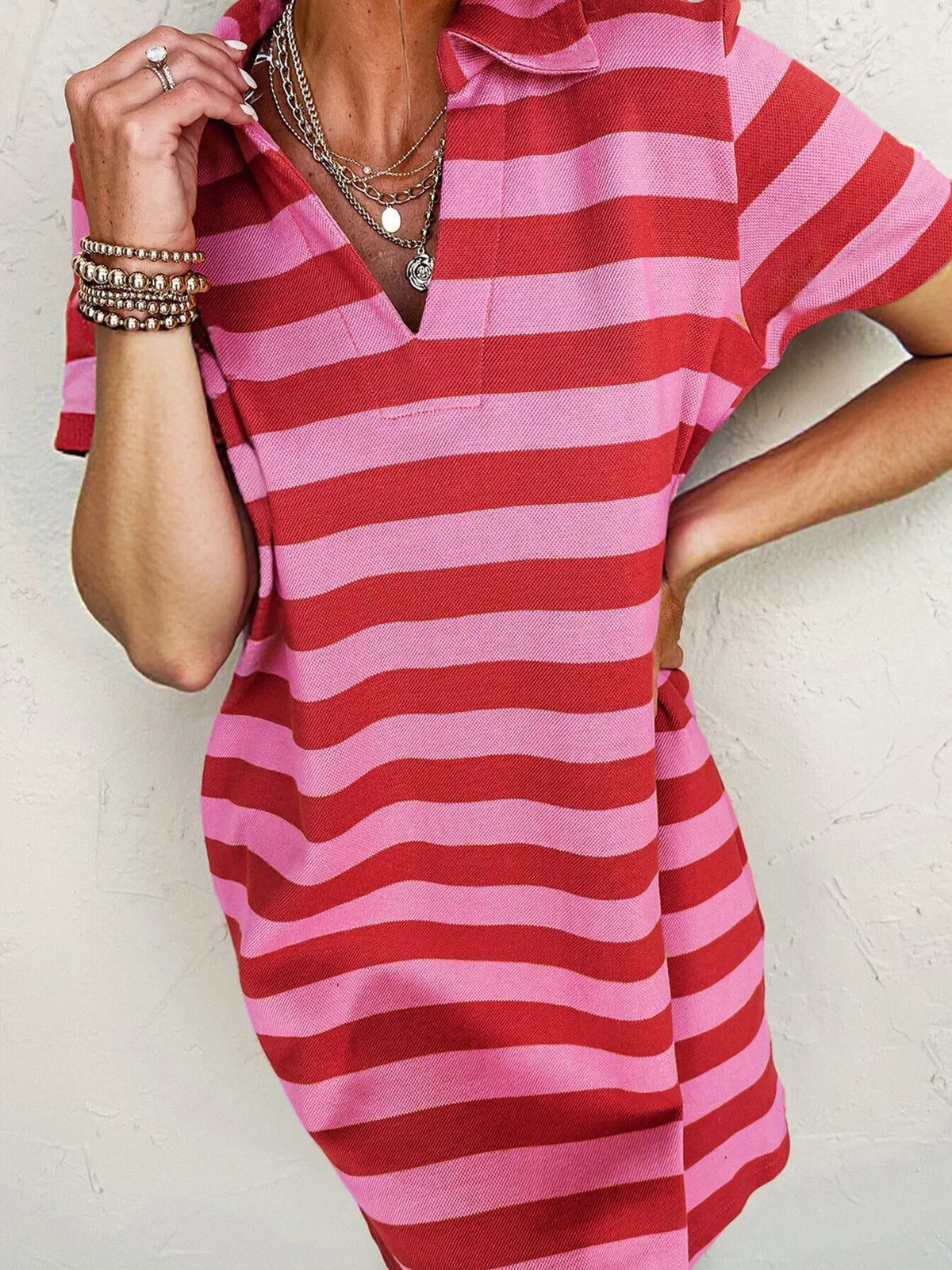Striped Johnny Collar Short Sleeve Dress in Rose Red