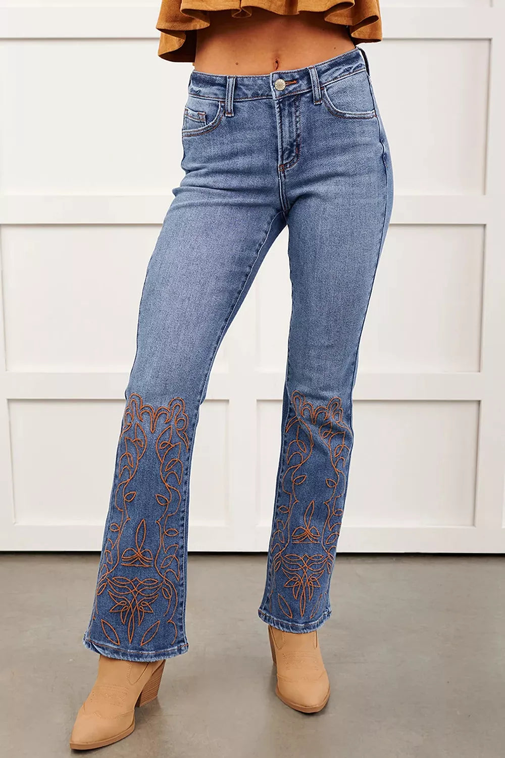 Embroidered Flare Leg Jeans in Medium Wash