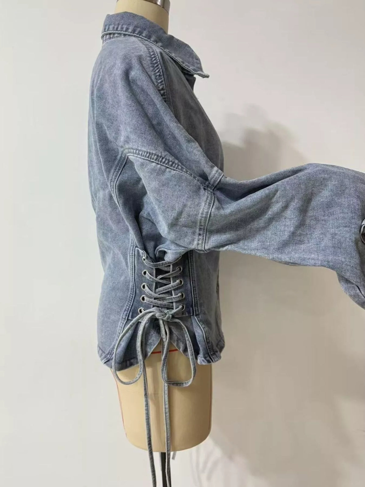 Lace-Up Side Denim Jacket in Light Blue