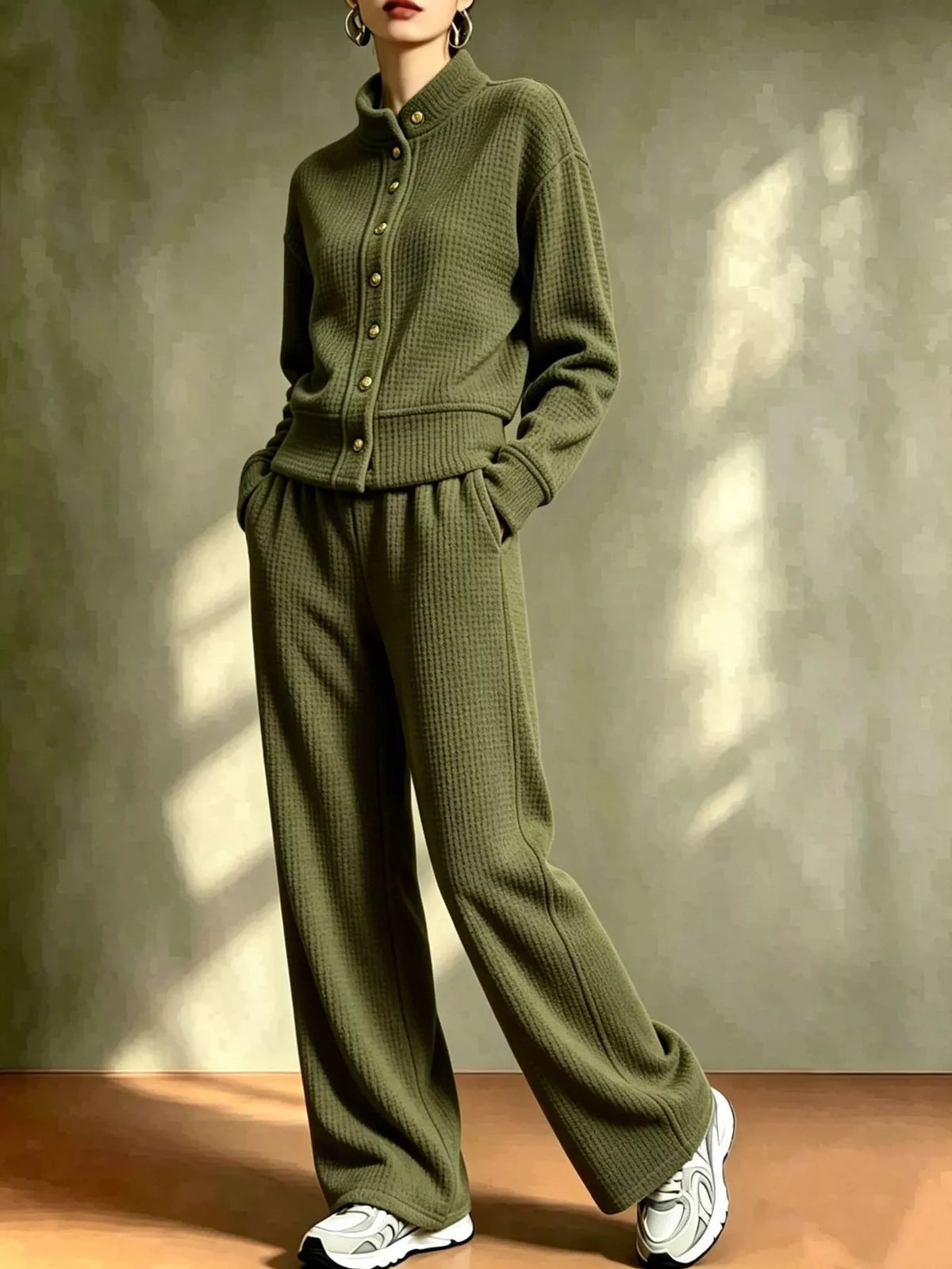 Waffle Knit Button-Up and Wide-Leg Pants Set