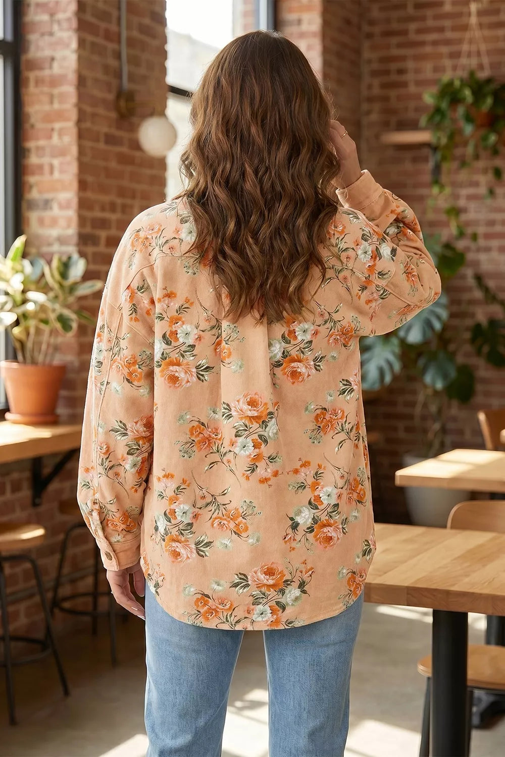 Floral Print Denim Jacket in Tan