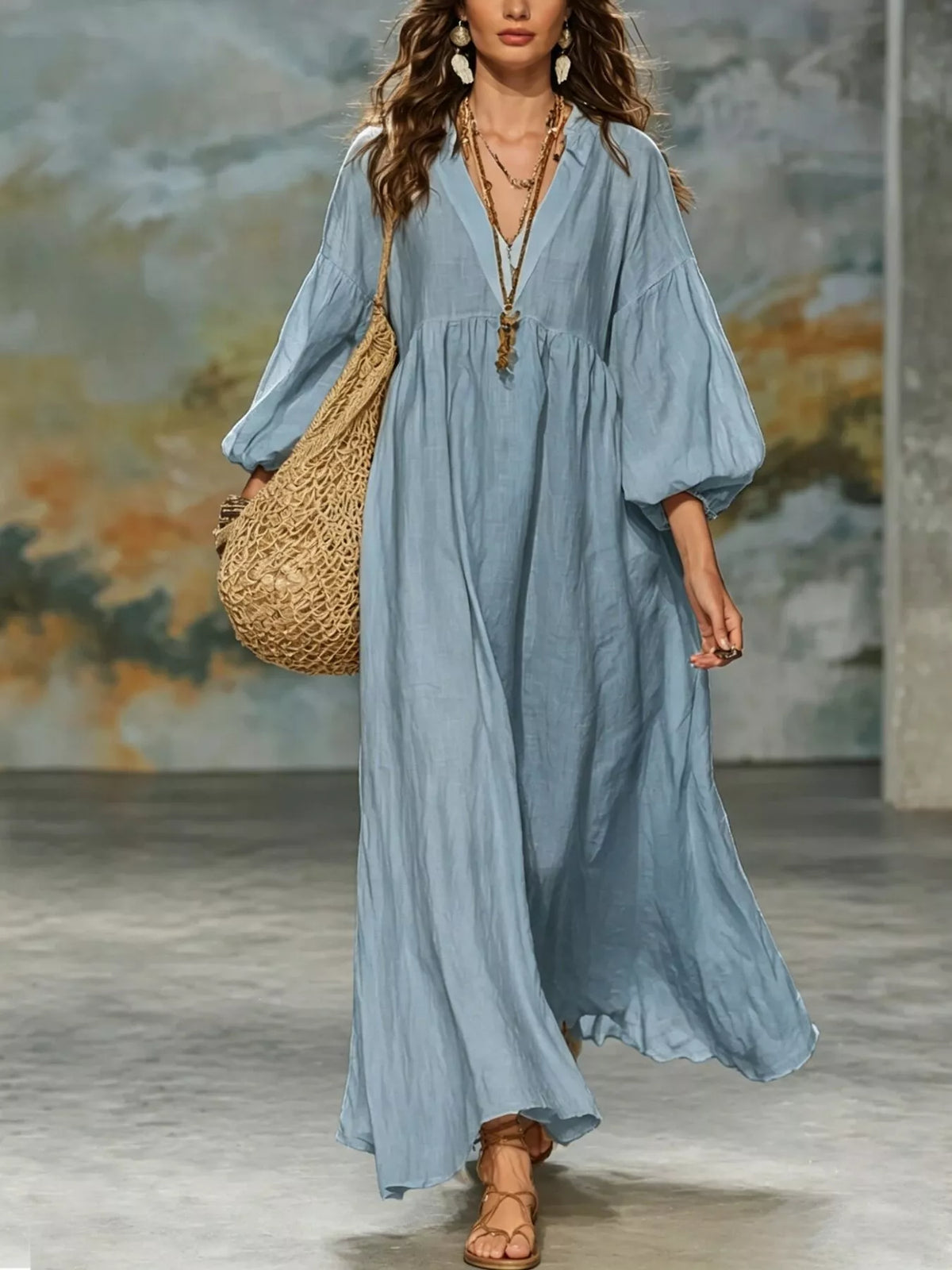 Notched Neck 3/4 Sleeve Maxi Dress