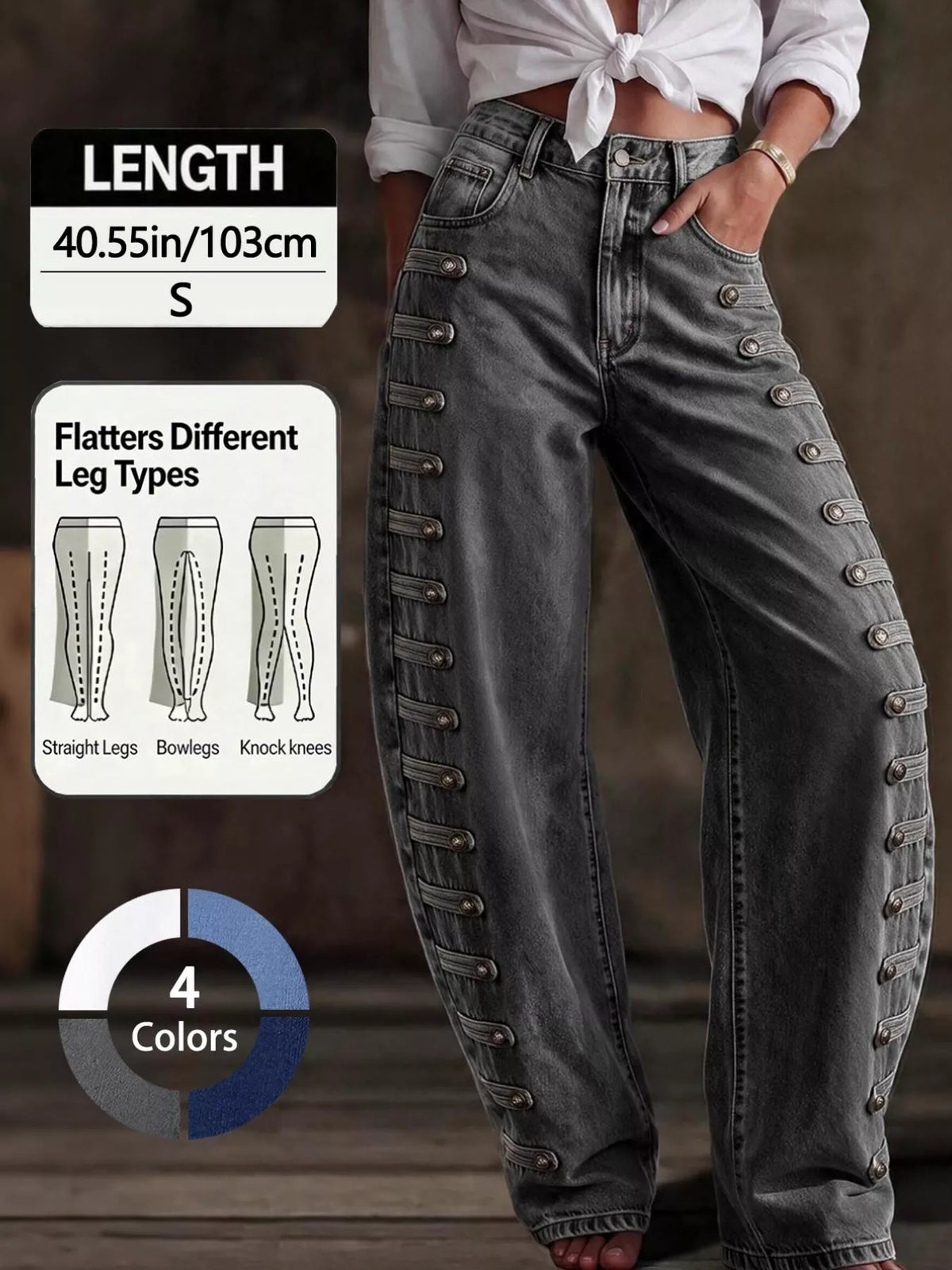 Decorative Button Wide Leg Jeans