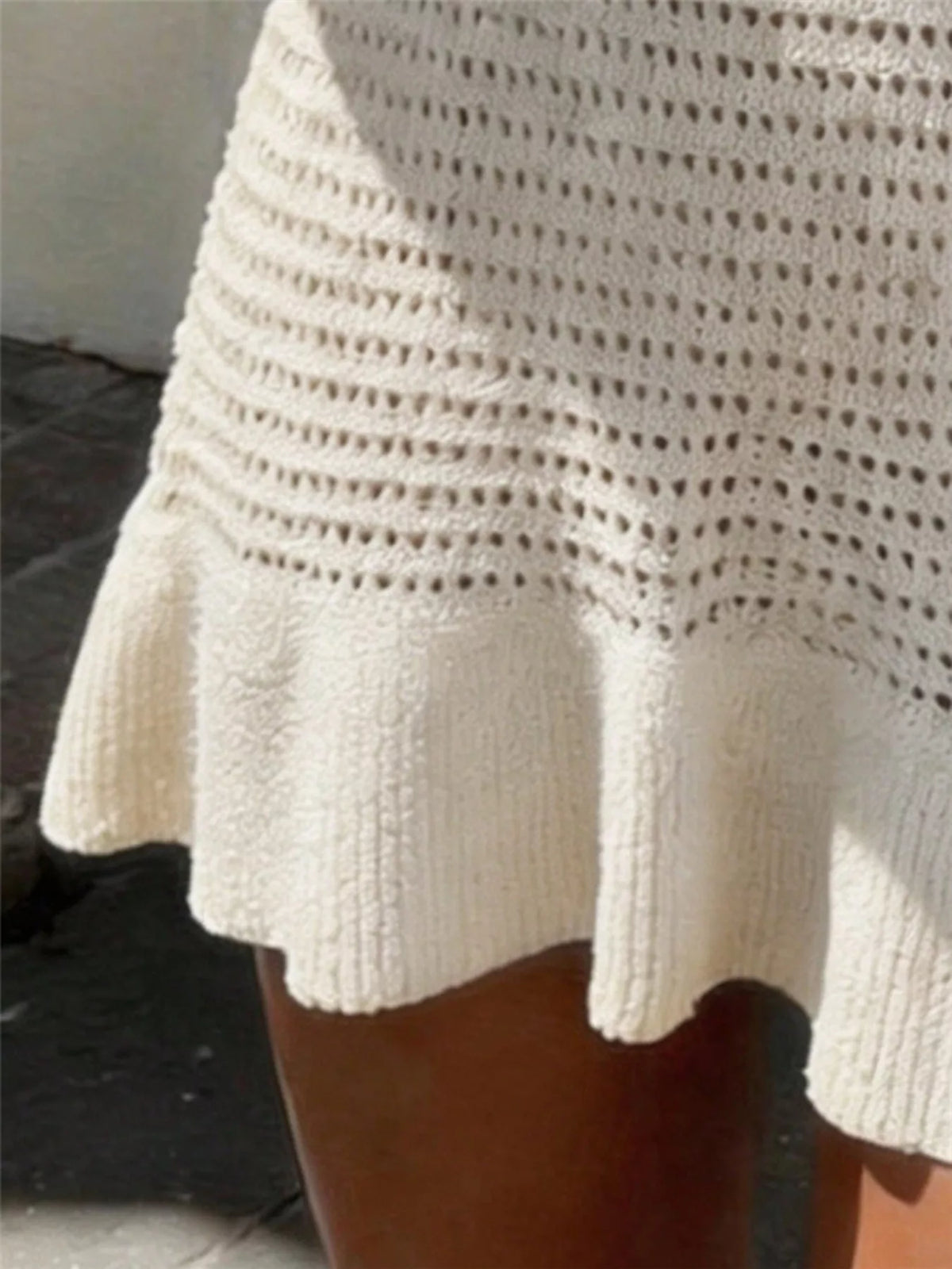 Crochet Knit Sweater Dress with Frill Trim