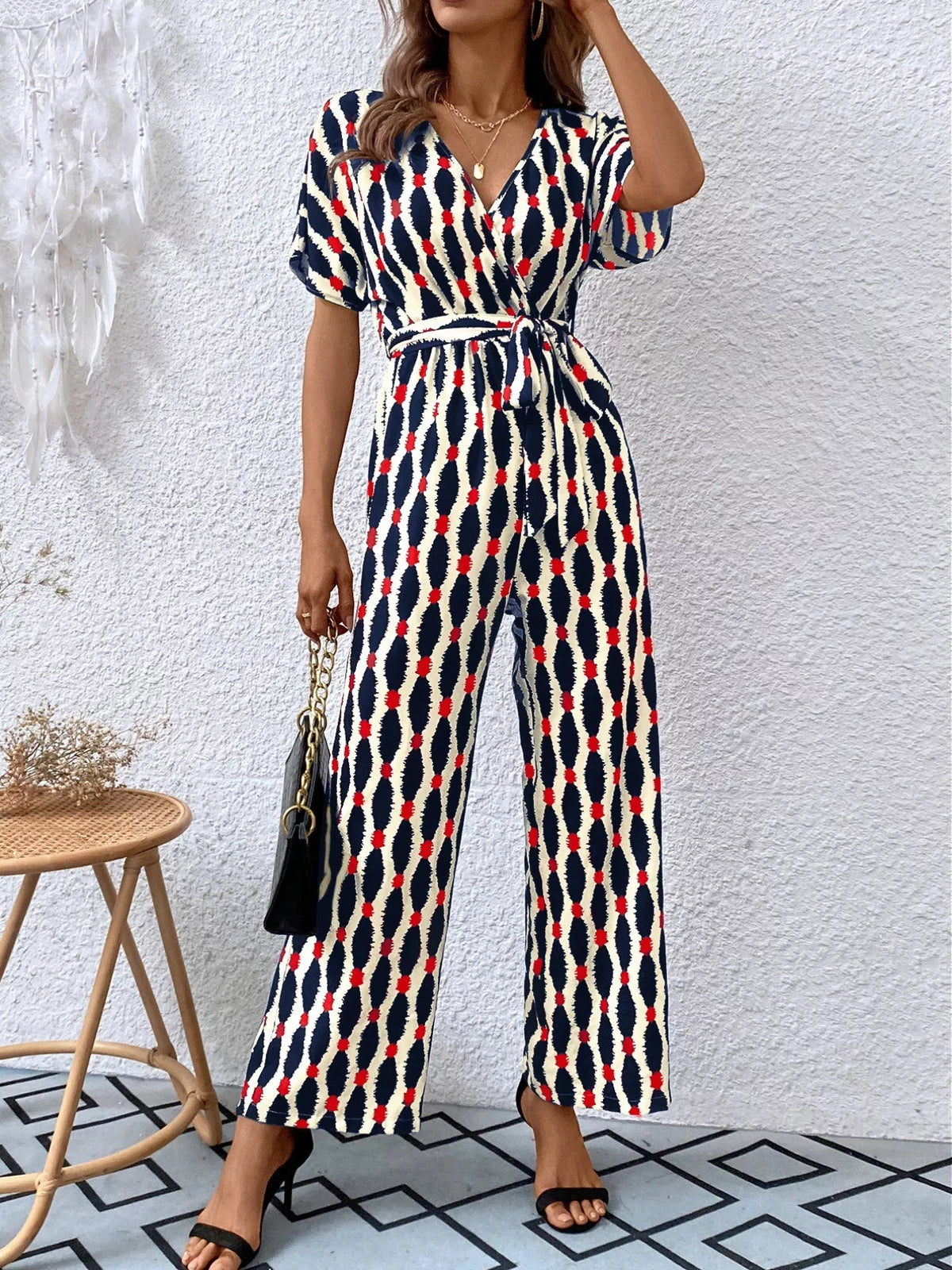 Surplice Tie Waist Short Sleeve Jumpsuit