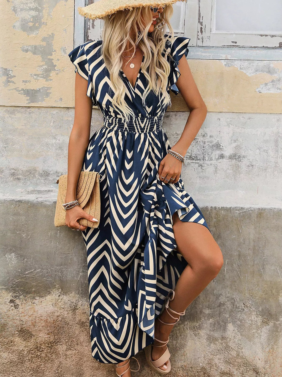 Smocked Cap-Sleeve High-Low Midi Dress