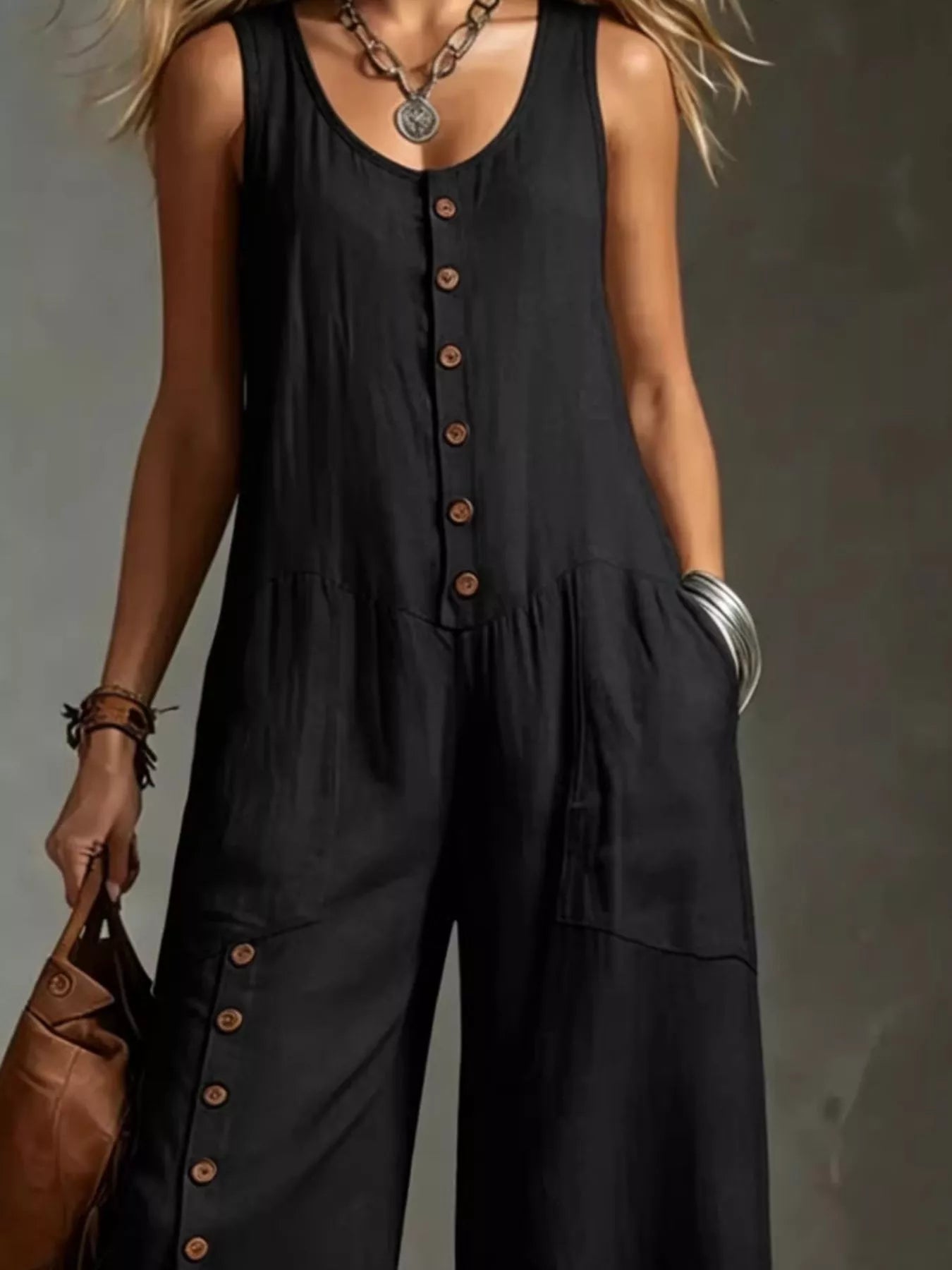 Sleeveless Button-Down Wide-Leg Jumpsuit