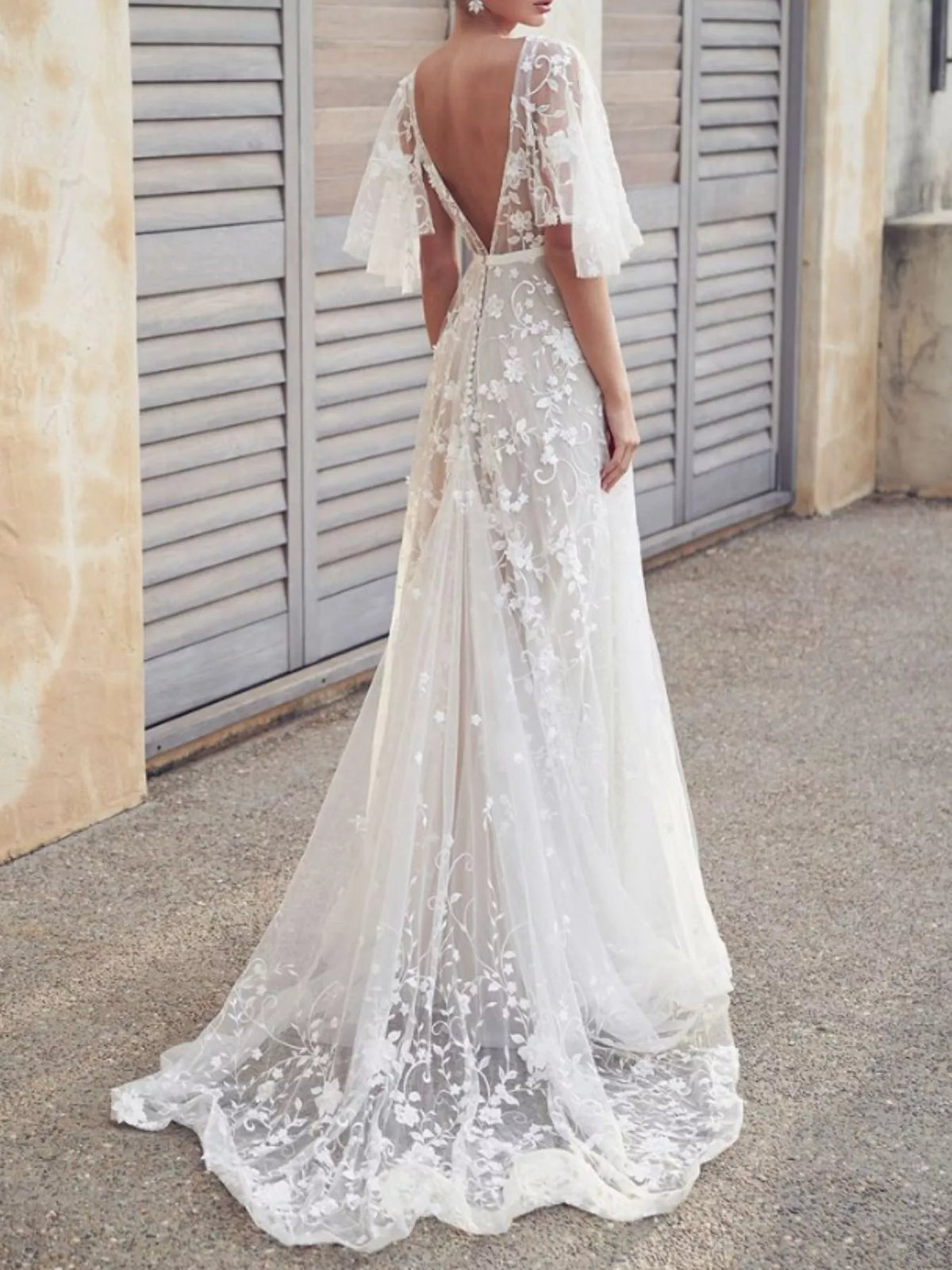 Lace Flutter Sleeve V-Neck Dress in White