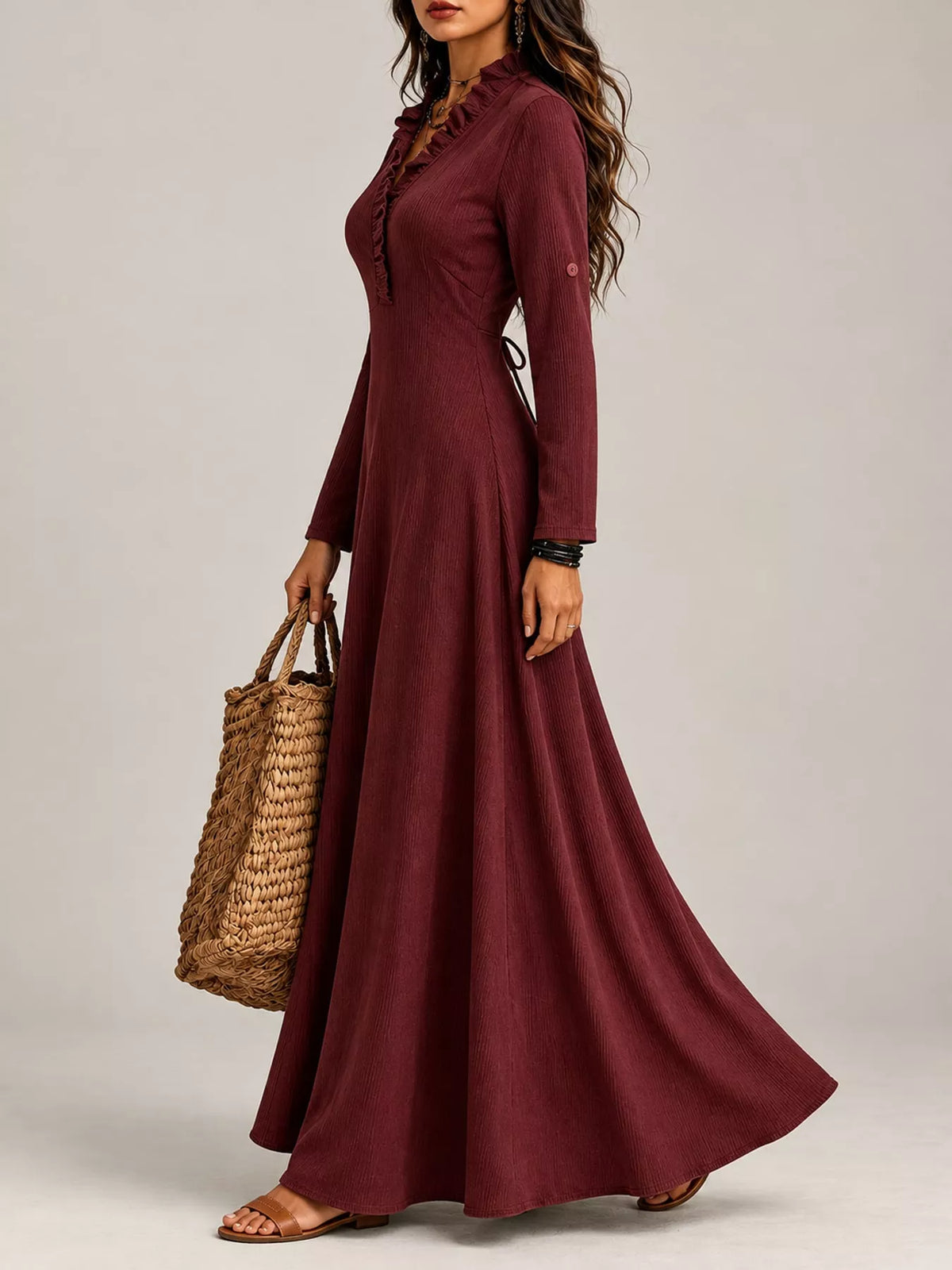 Frill Roll-Up Sleeve Maxi Dress