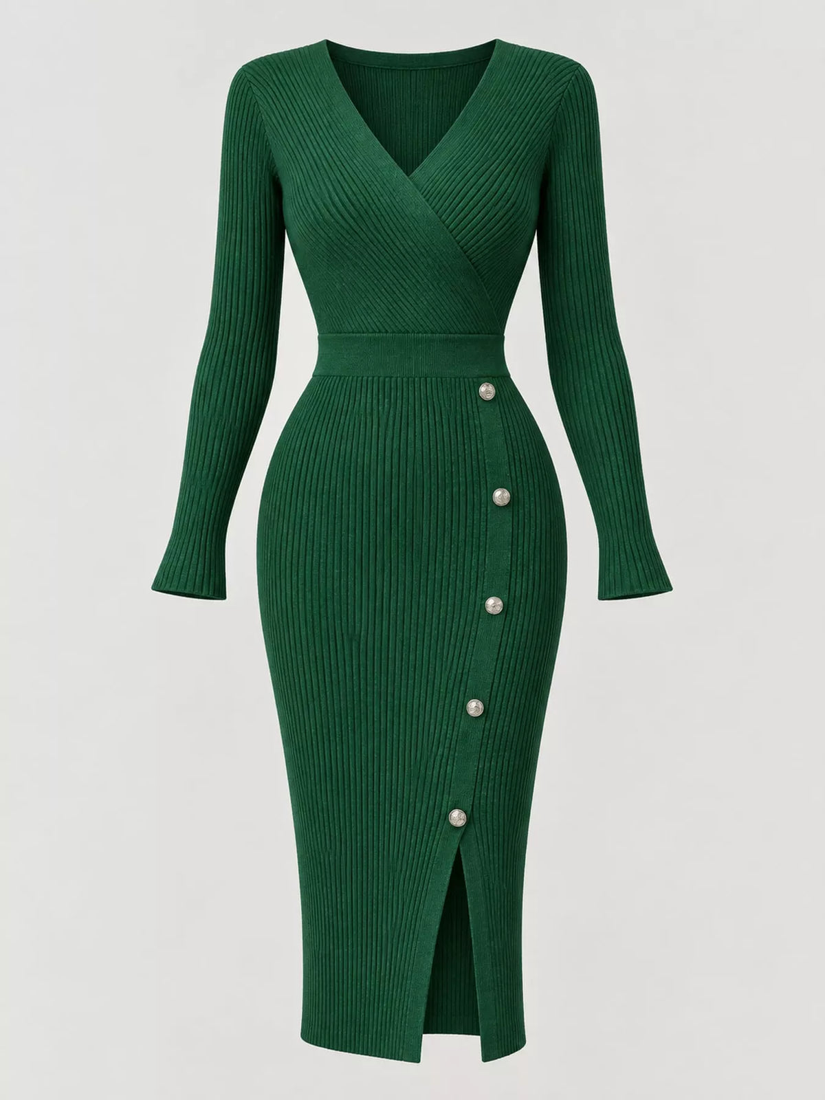 Decorative Button Ribbed Knit Sweater Dress