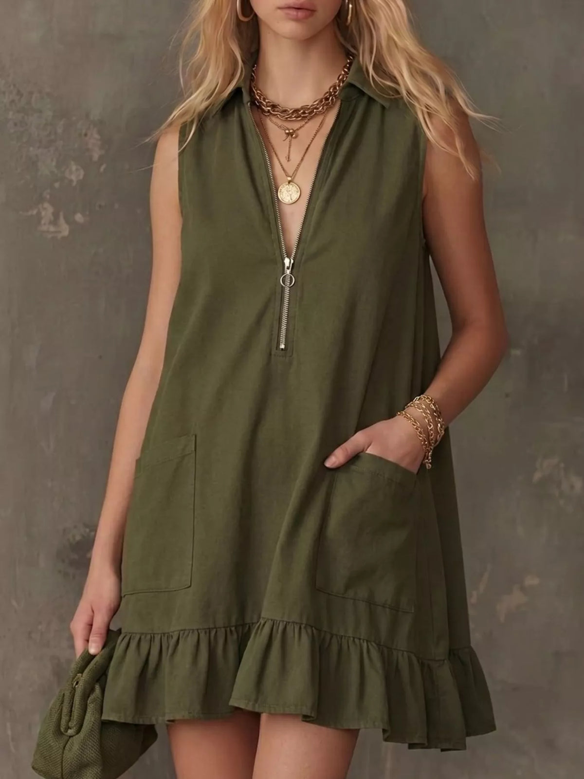 Collared Zip-Front Ruffle Hem Dress