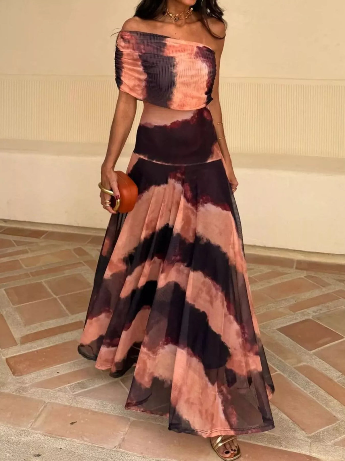 Printed Short-Sleeve Mesh Maxi Dress