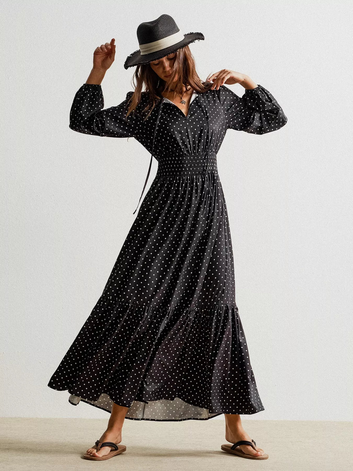 Polka Dot Long Sleeve Maxi Dress in Black