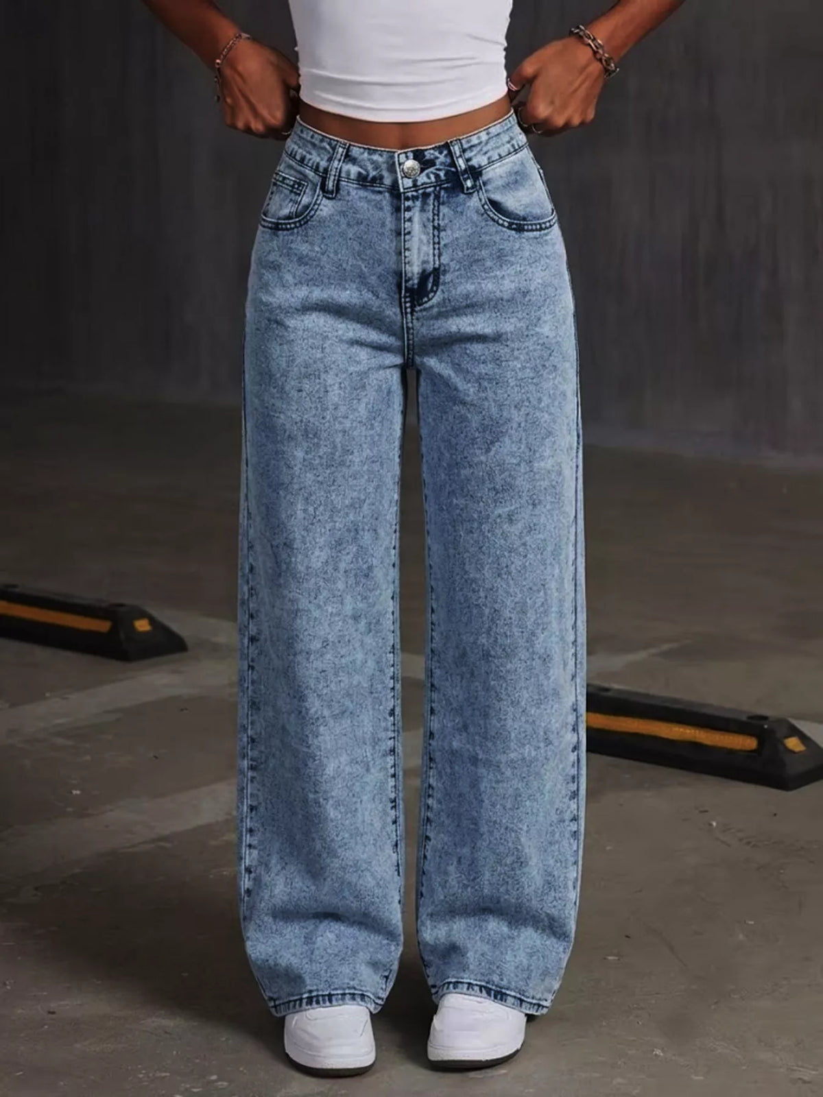 Embroidered Bow Wide Leg Jeans in Dusty Blue