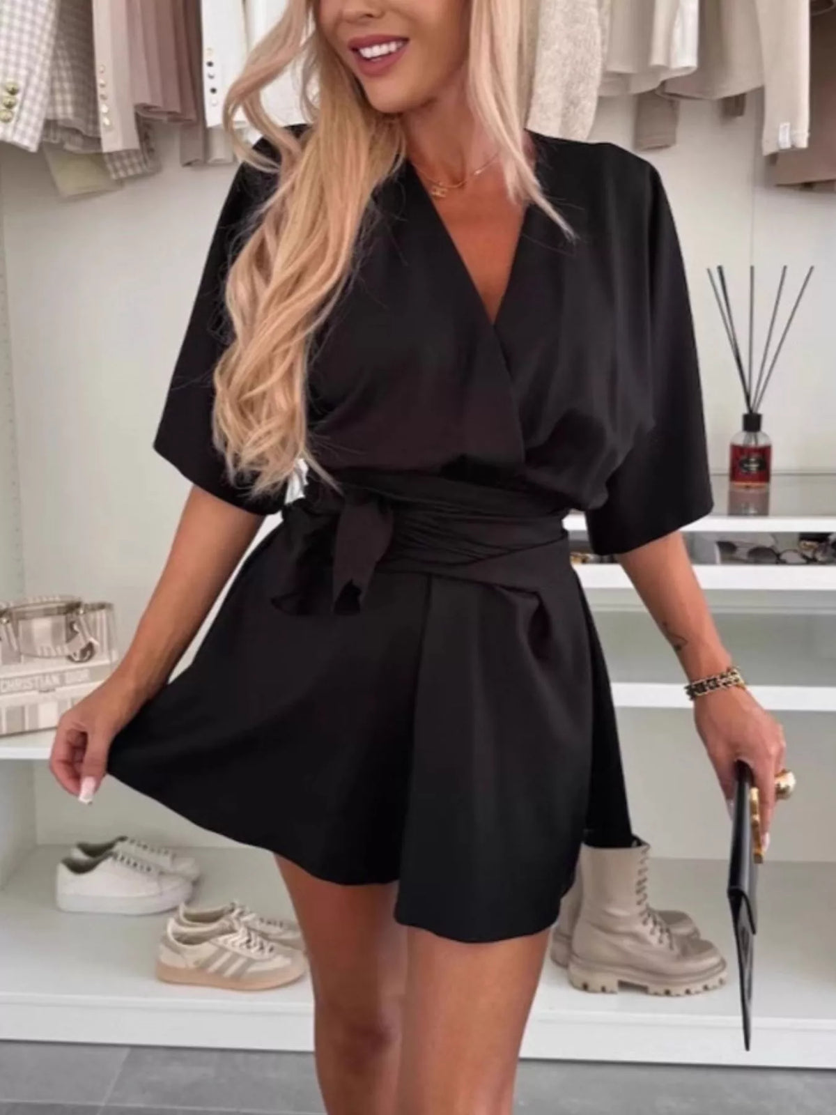 Belted Surplice Tie-Waist Romper
