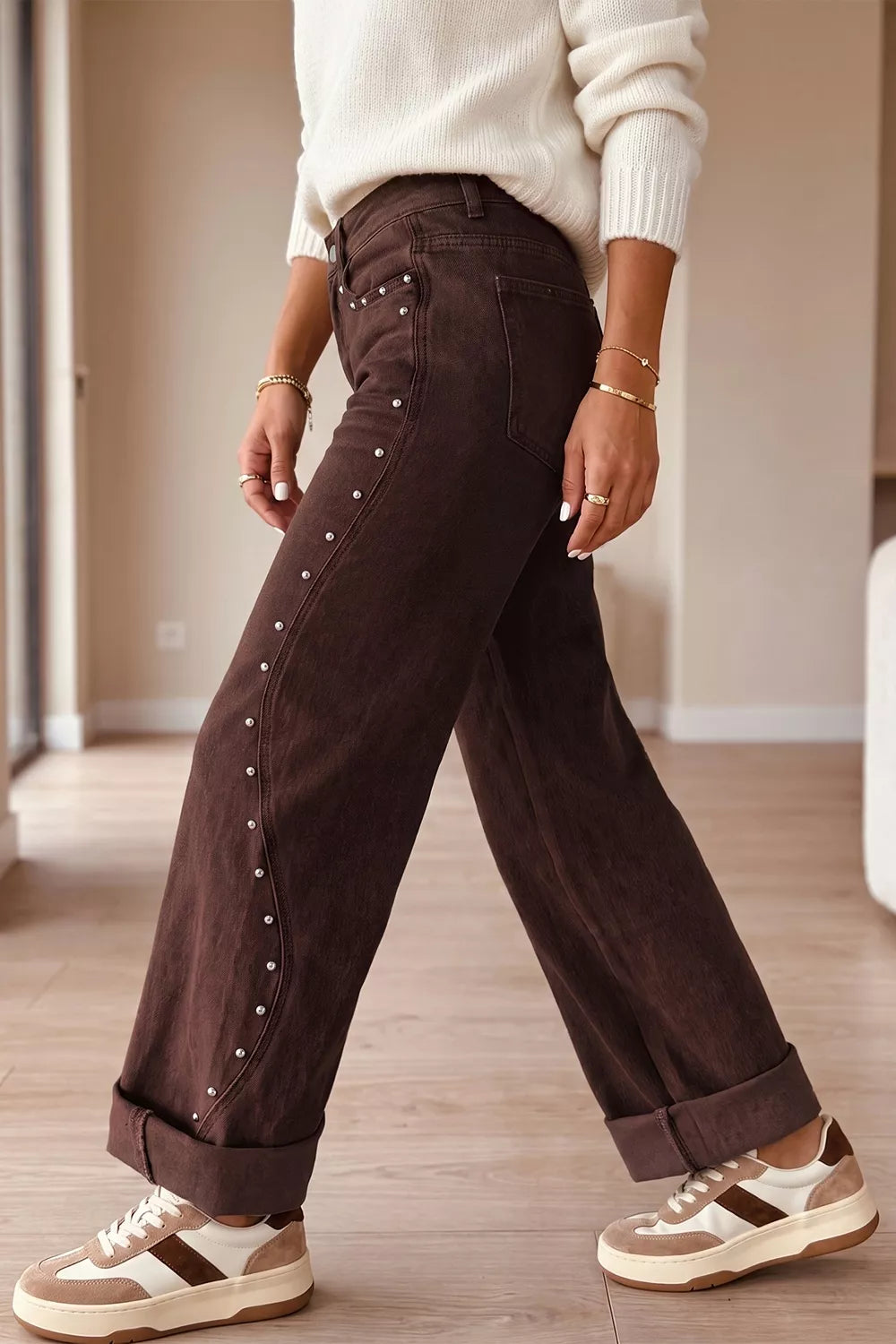 Studded Wide Leg Jeans in Dark Brown