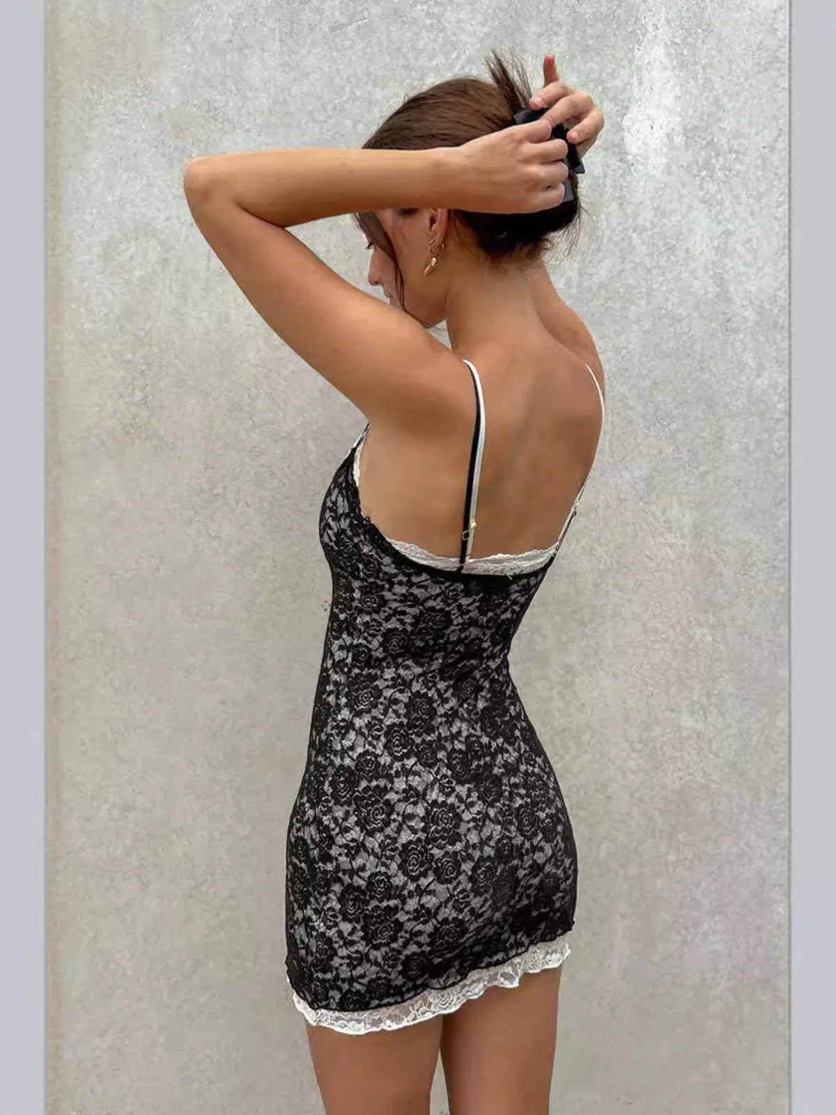 Lace Trim Cami Mini Dress in Black