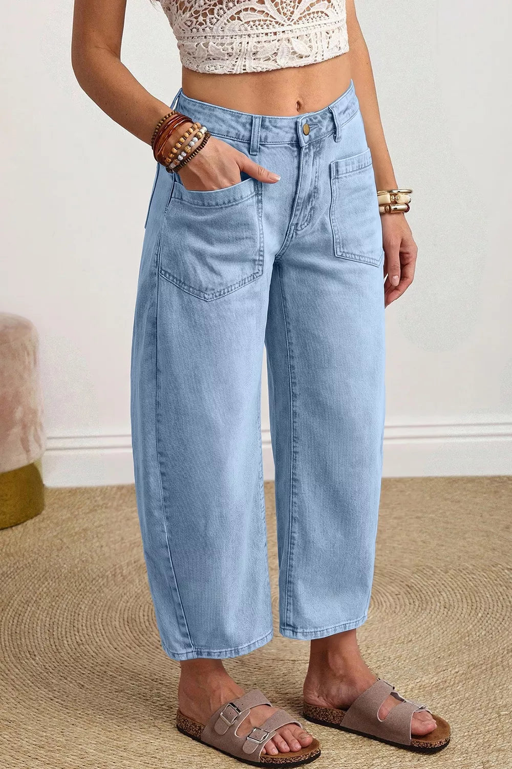 Wide Leg Cropped Jeans in Light Blue