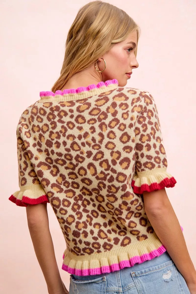 Leopard Ruffled Detail Button Cardigan by BiBi