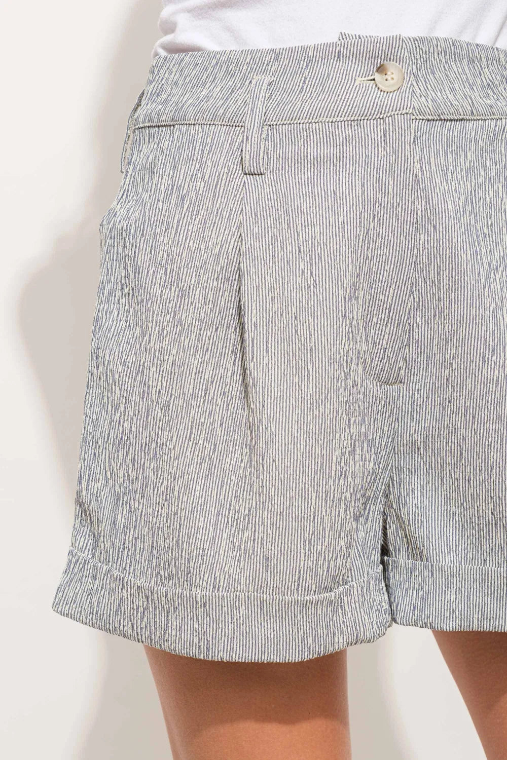 And The Why Pin Striped High-Waist Rolled Shorts in Navy