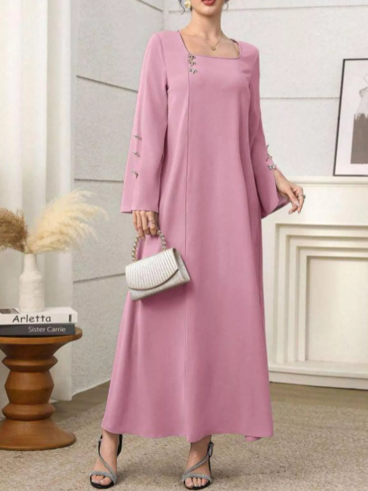 Square Neck Long Sleeve Maxi Dress in Dusty Pink