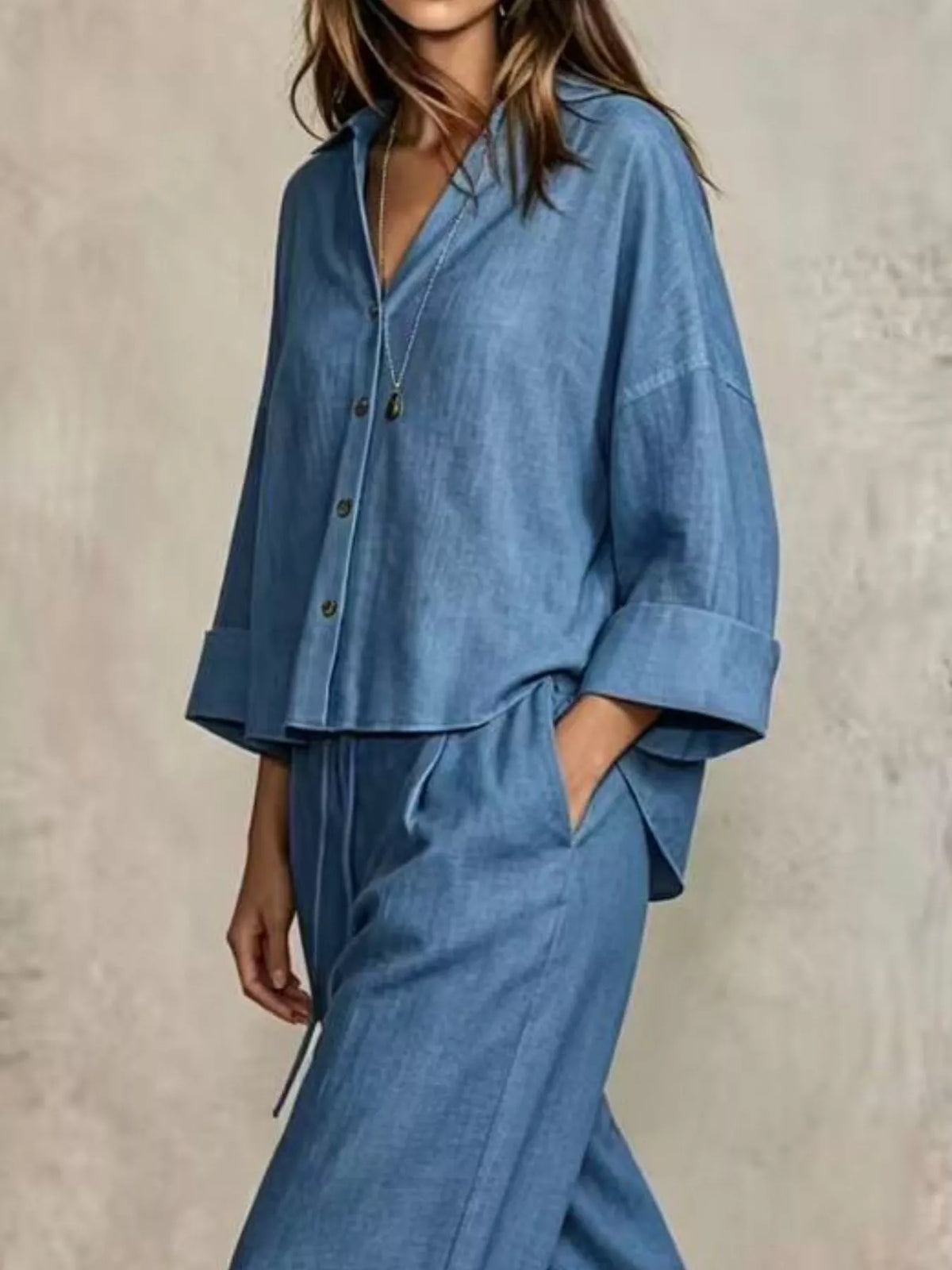 Button-Down Shirt and Wide-Leg Pants Set