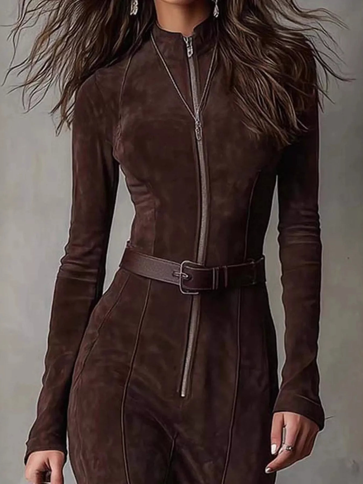 Zip-Front Long Sleeve Slit Maxi Dress
