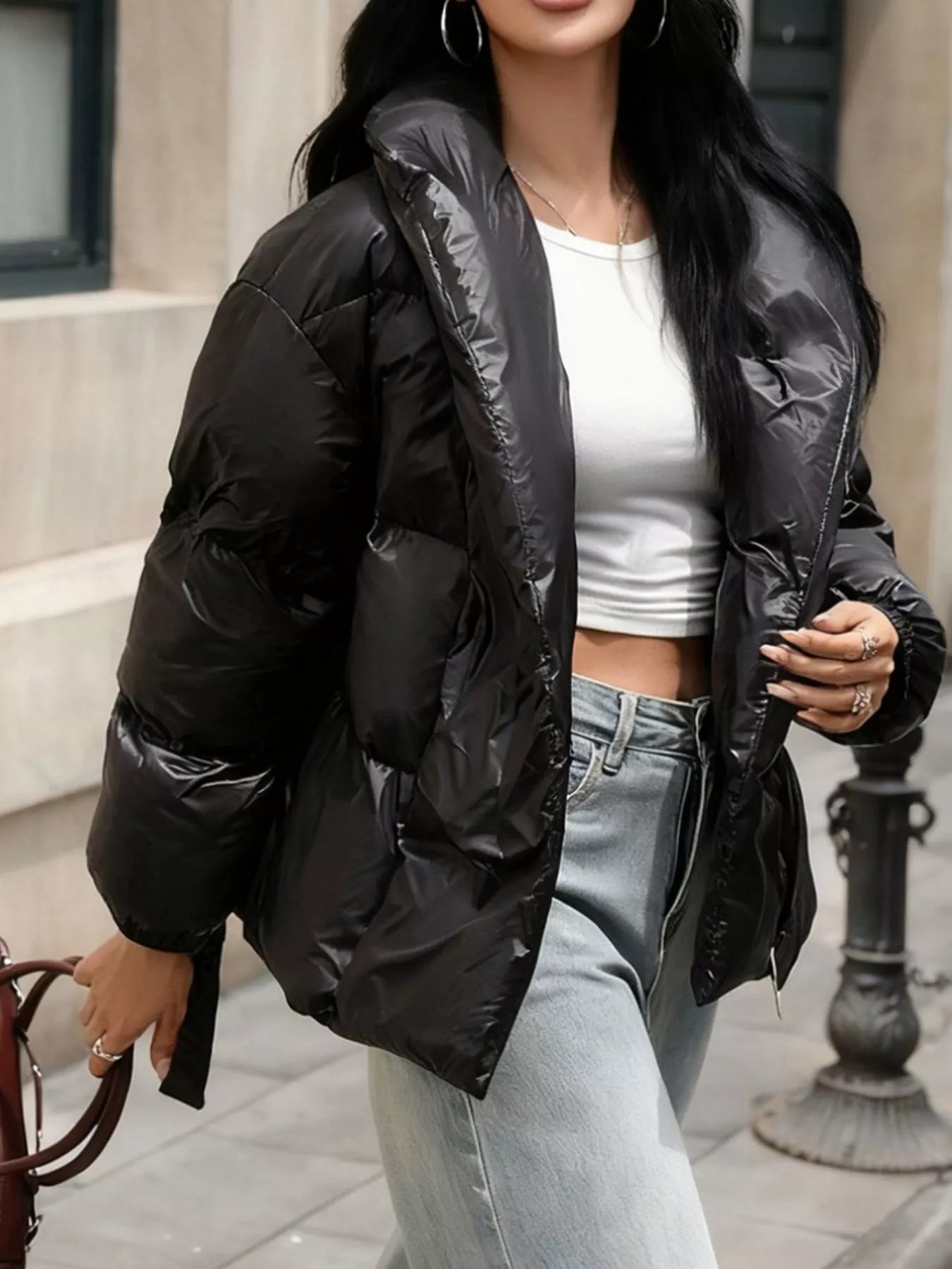 Long Sleeve Belted Puffer Jacket in Black