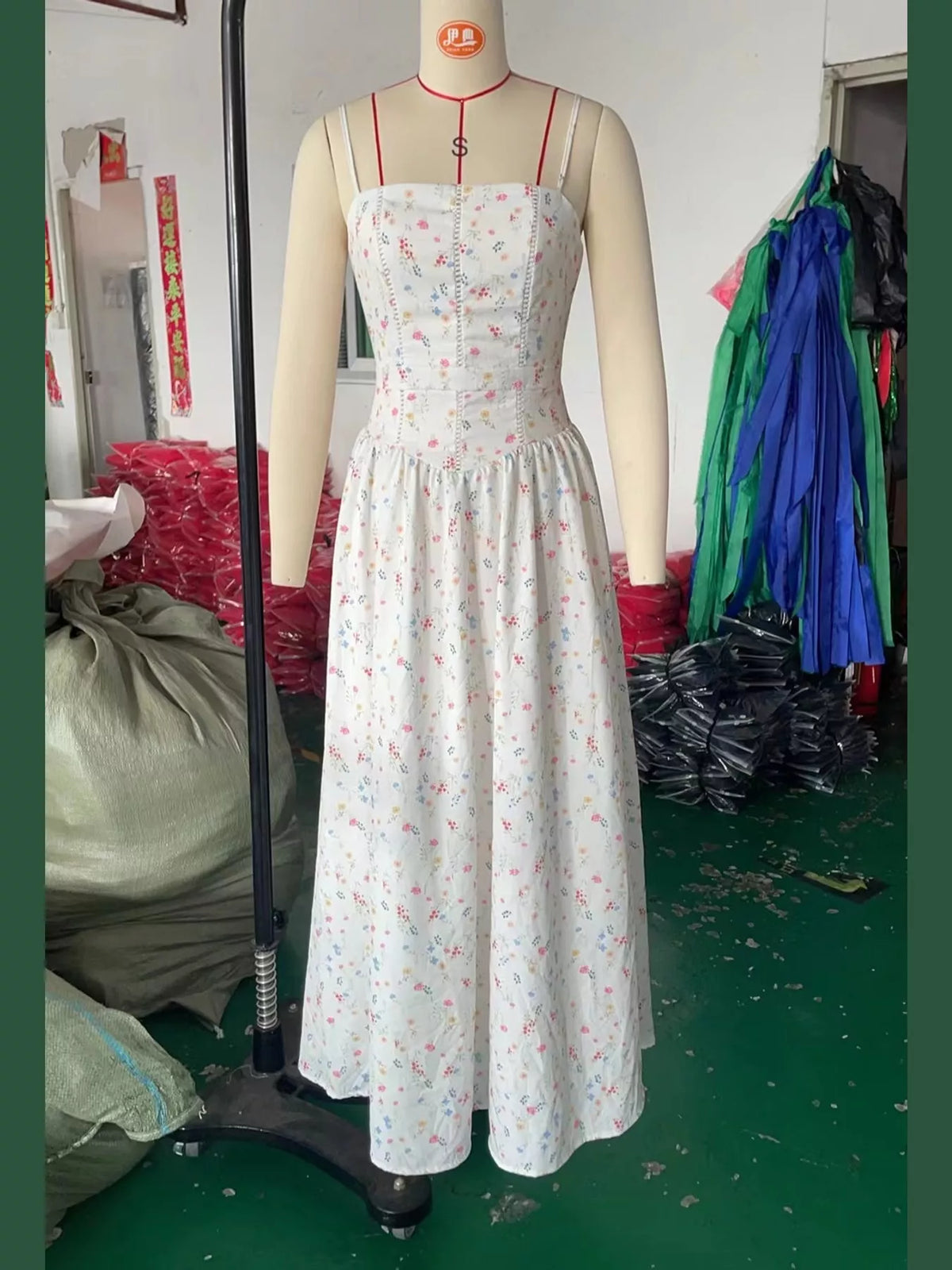 Floral Spaghetti Strap Midi Dress in White