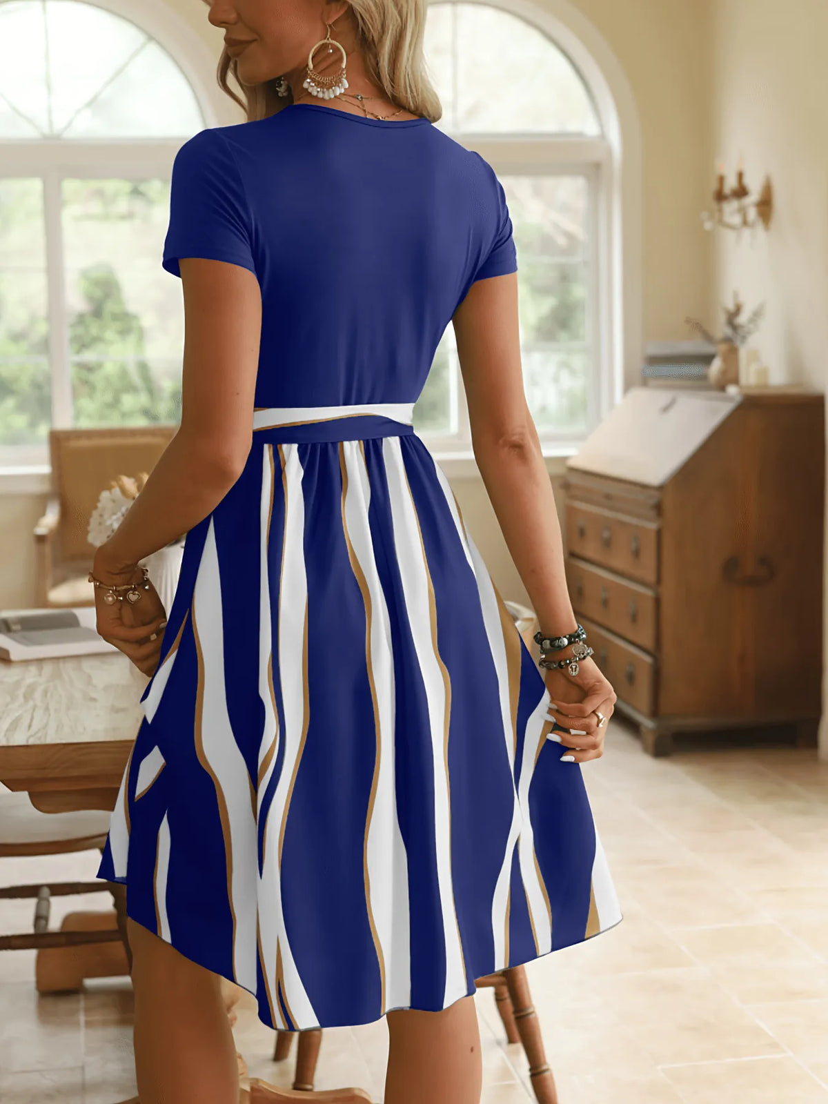 Striped Short Sleeve Tie Waist Dress by Classic Comfort