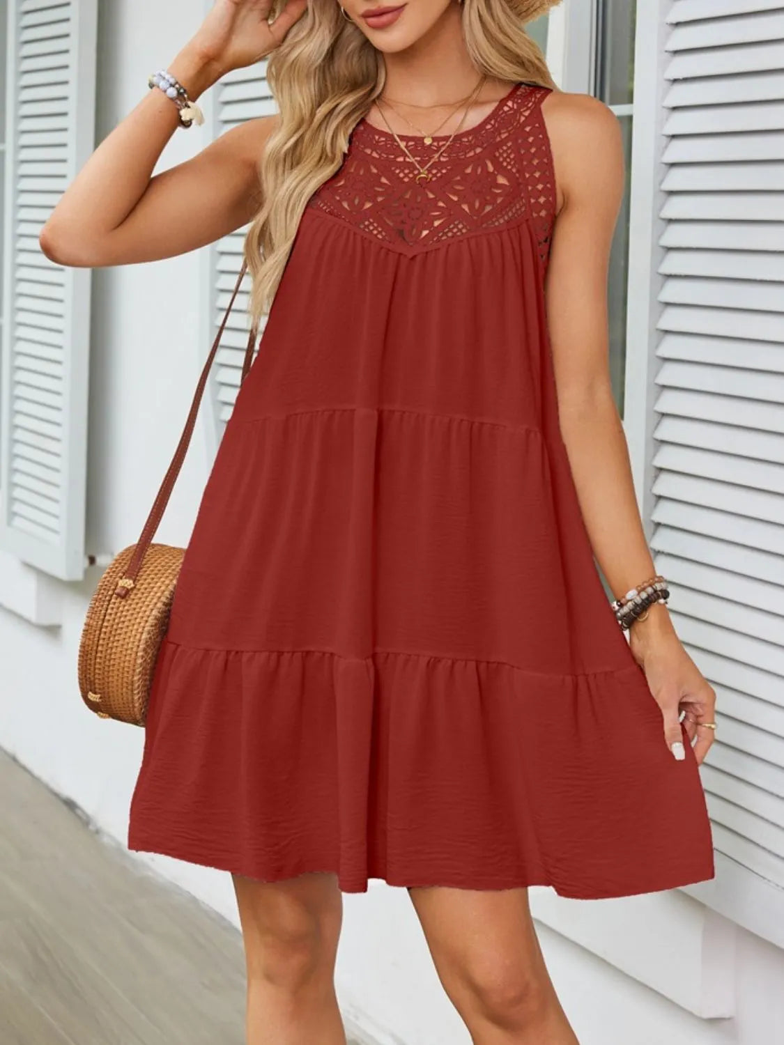 Ruffled Hem Lace Sleeveless Dress by Gen Beauty