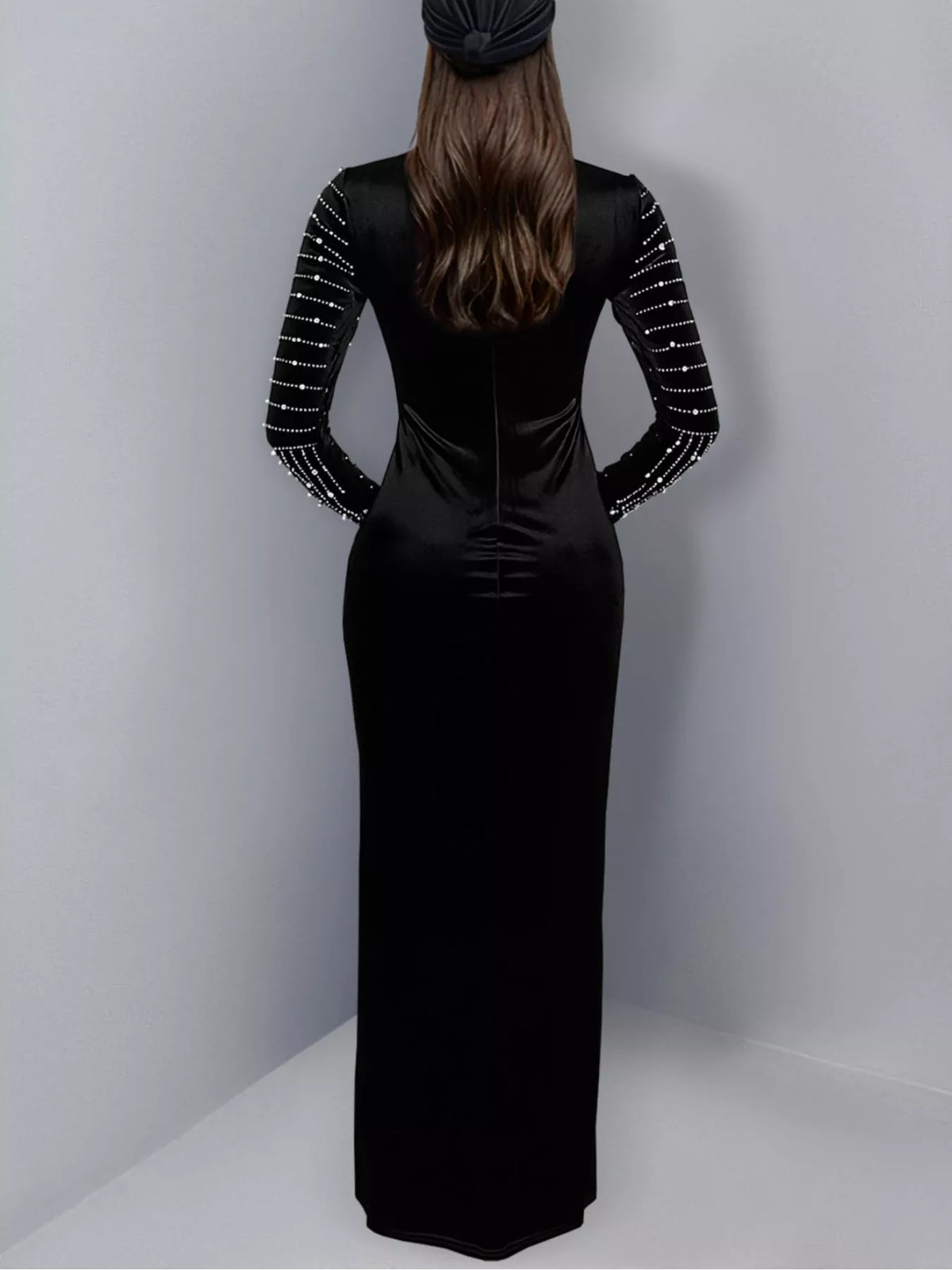 Rhinestone Mock Neck Long Sleeve Maxi Dress