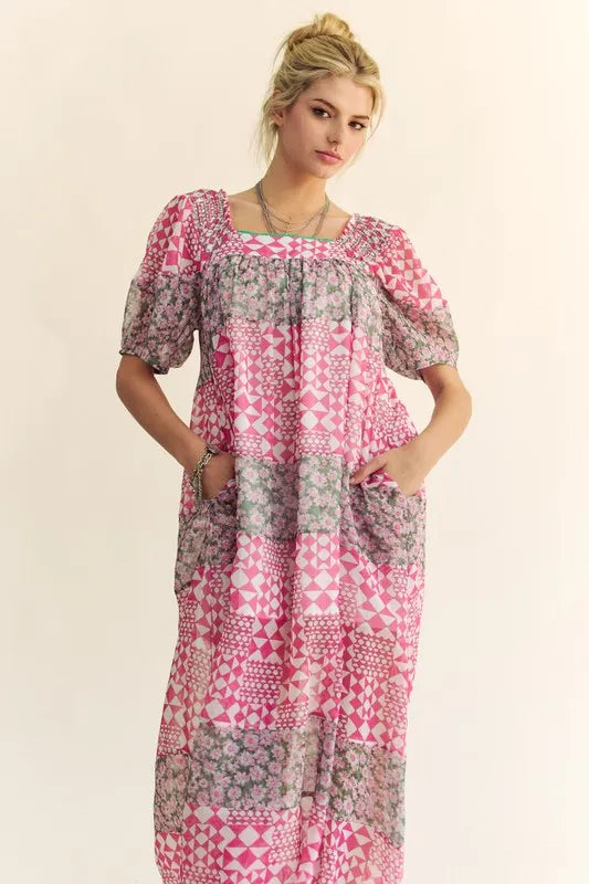 Multi Floral Square Neck Puff Sleeve Maxi Dress in Indian Pink