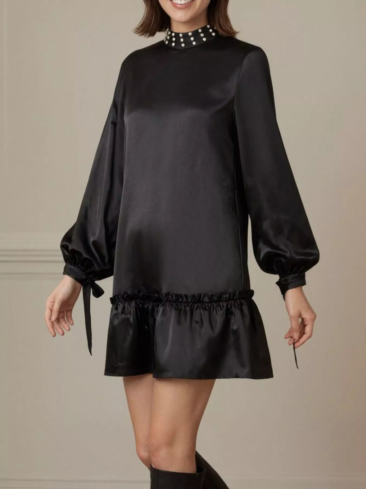 Pearl-Embellished Ruffle Hem Dress in Black