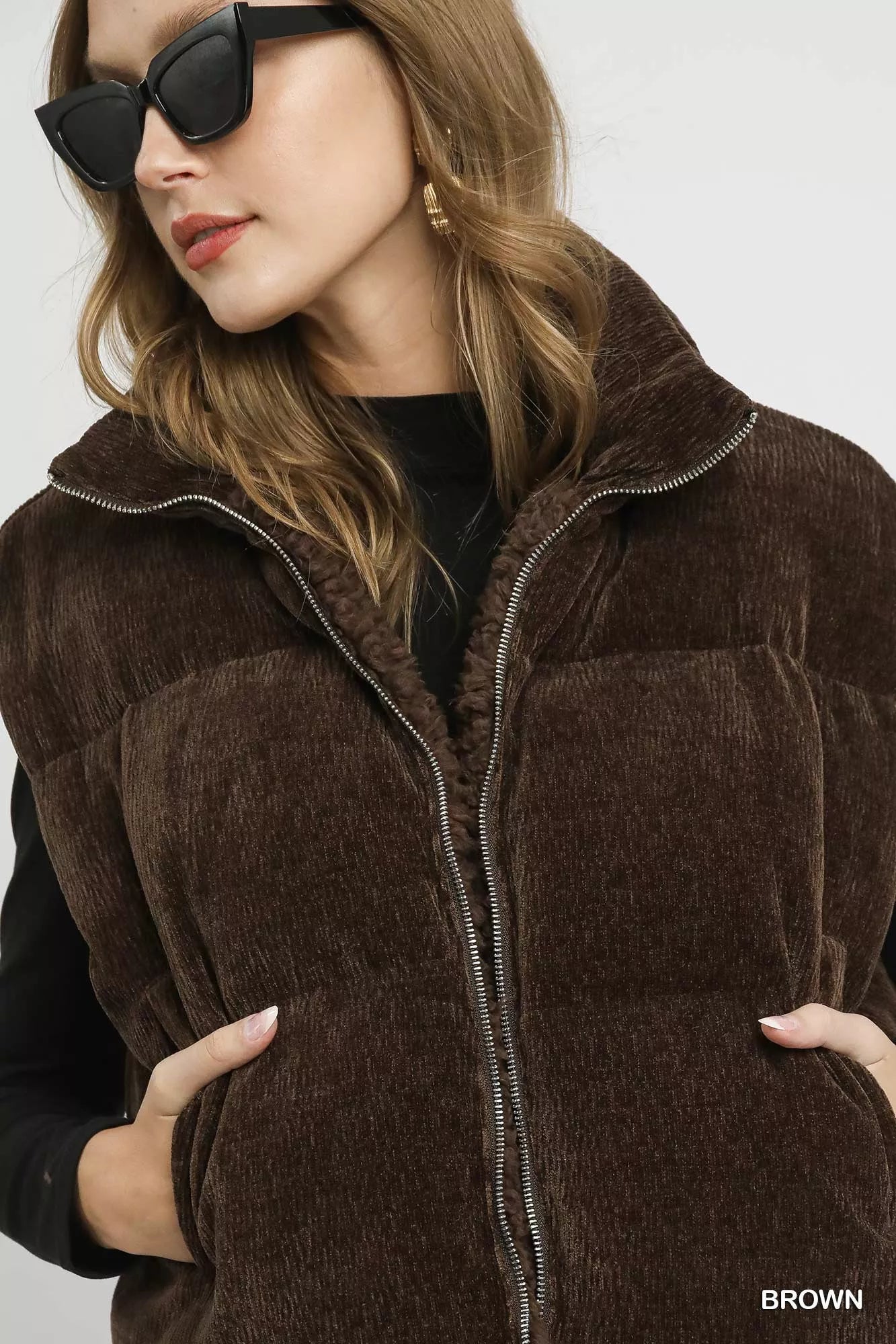 Umgee Sherpa-Lined Zip Vest in Brown