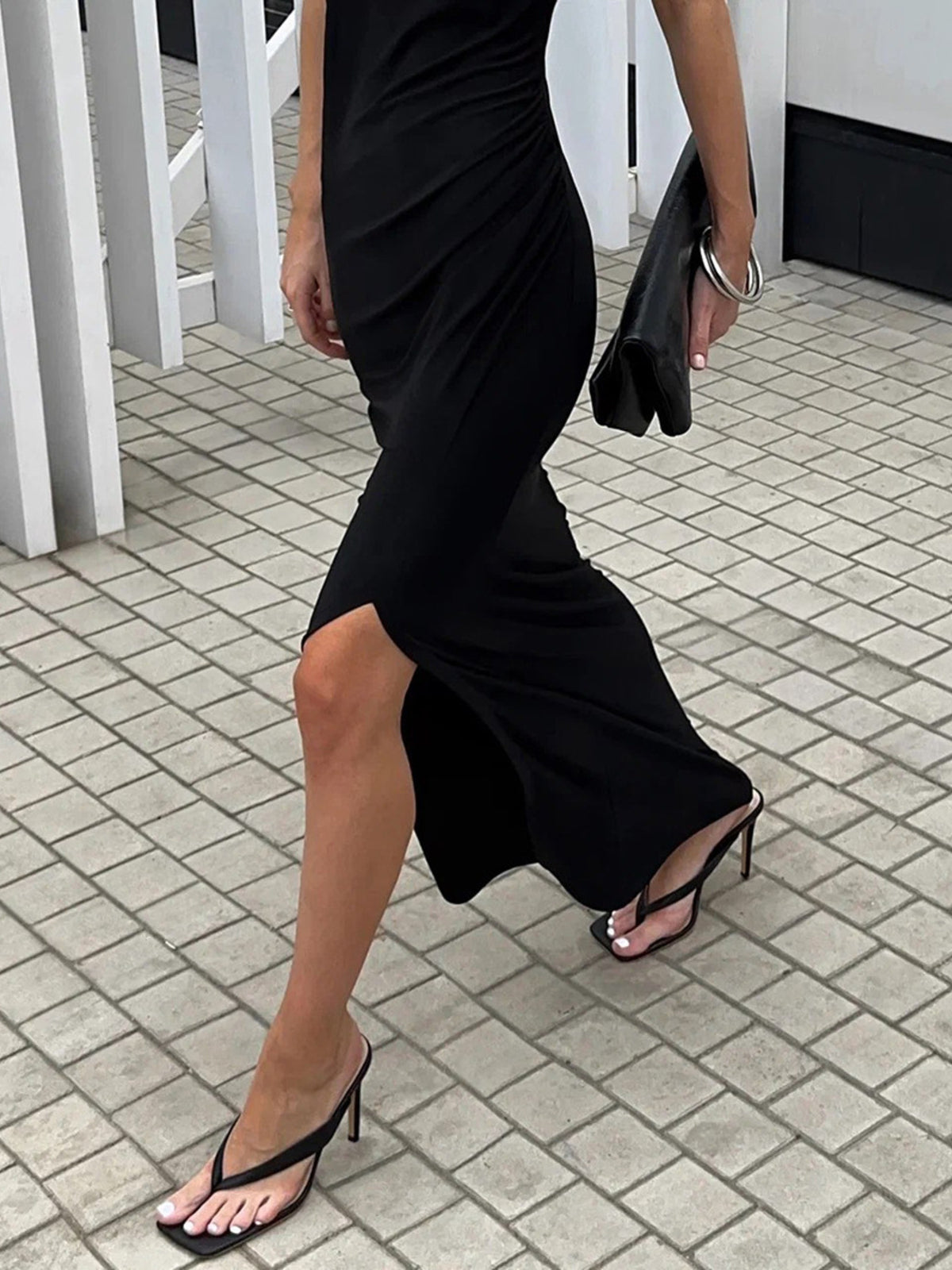 Ruched Split Maxi Dress in Black