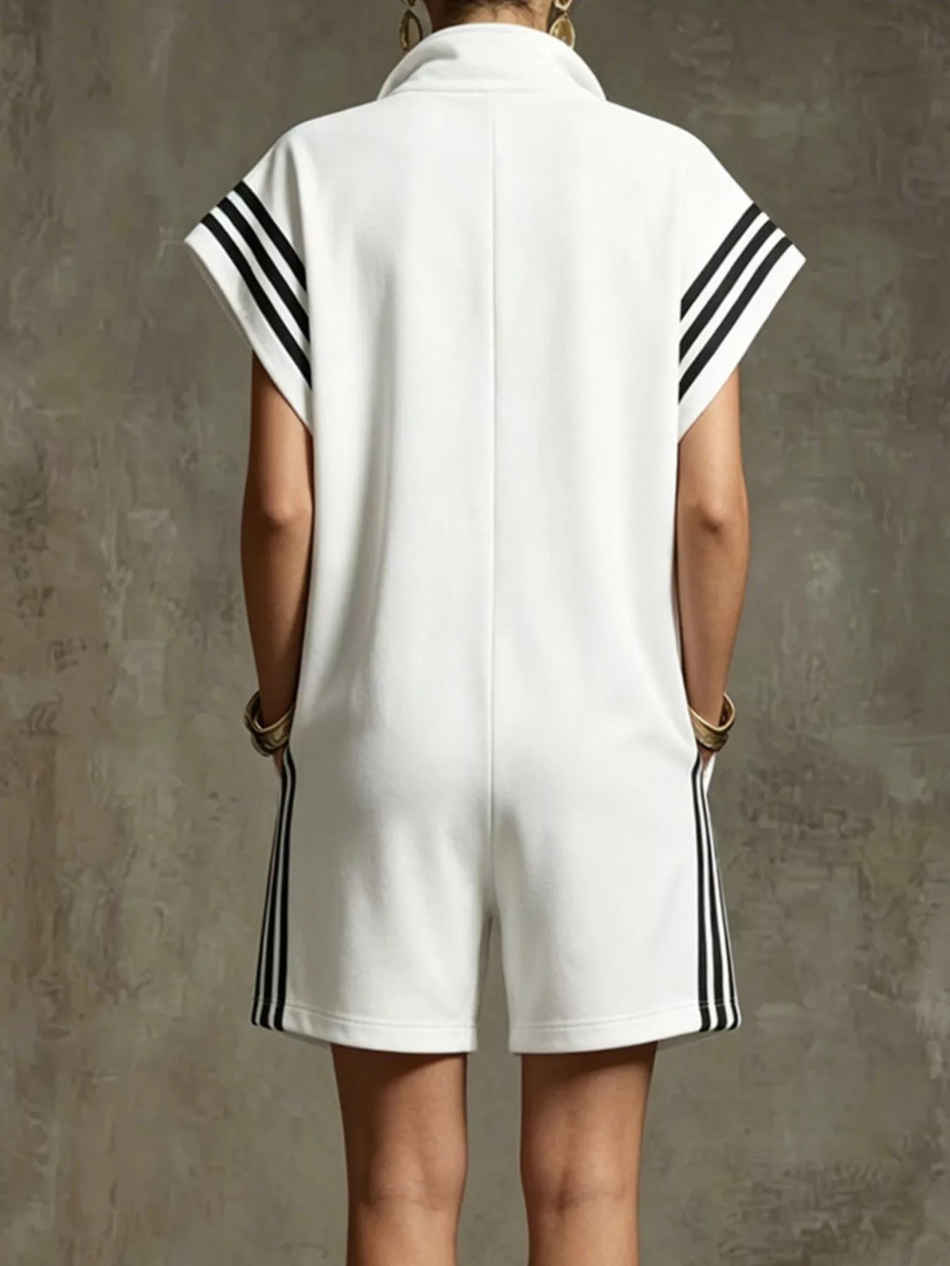 Striped Zip-Front Short-Sleeve Romper