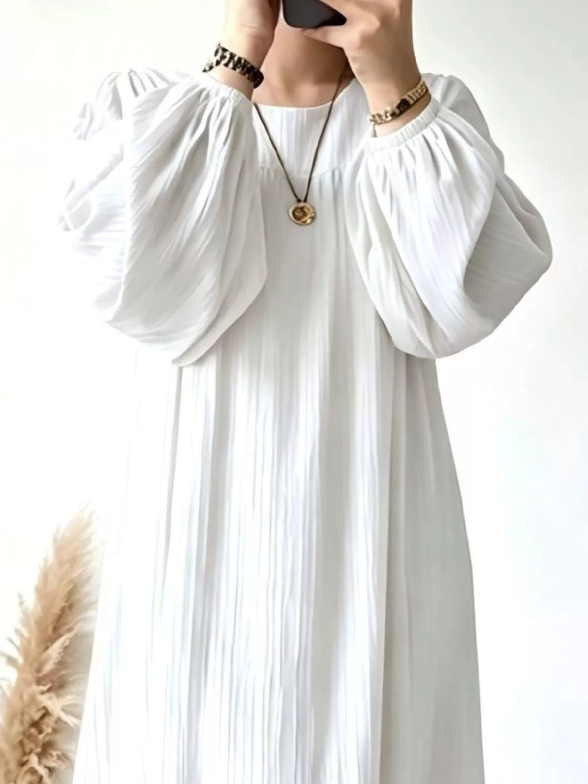 Textured Puff-Sleeve Maxi Dress