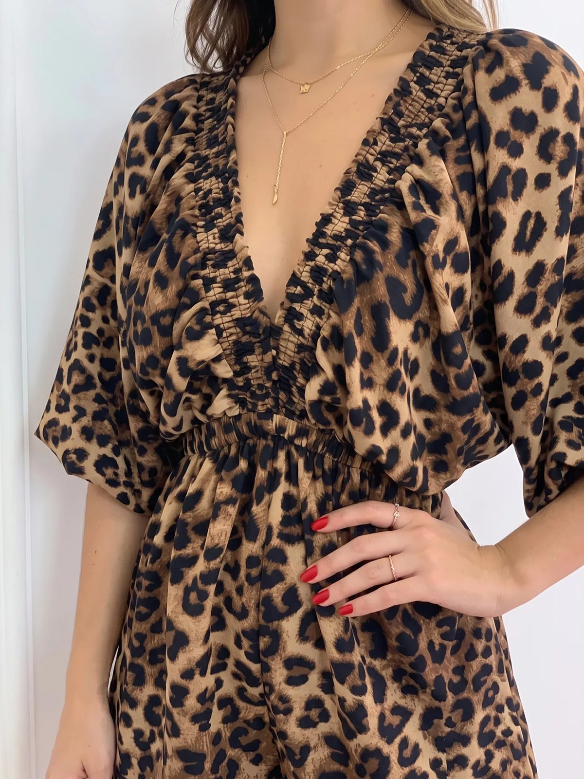 Leopard Print V-Neck Puff Sleeve Romper