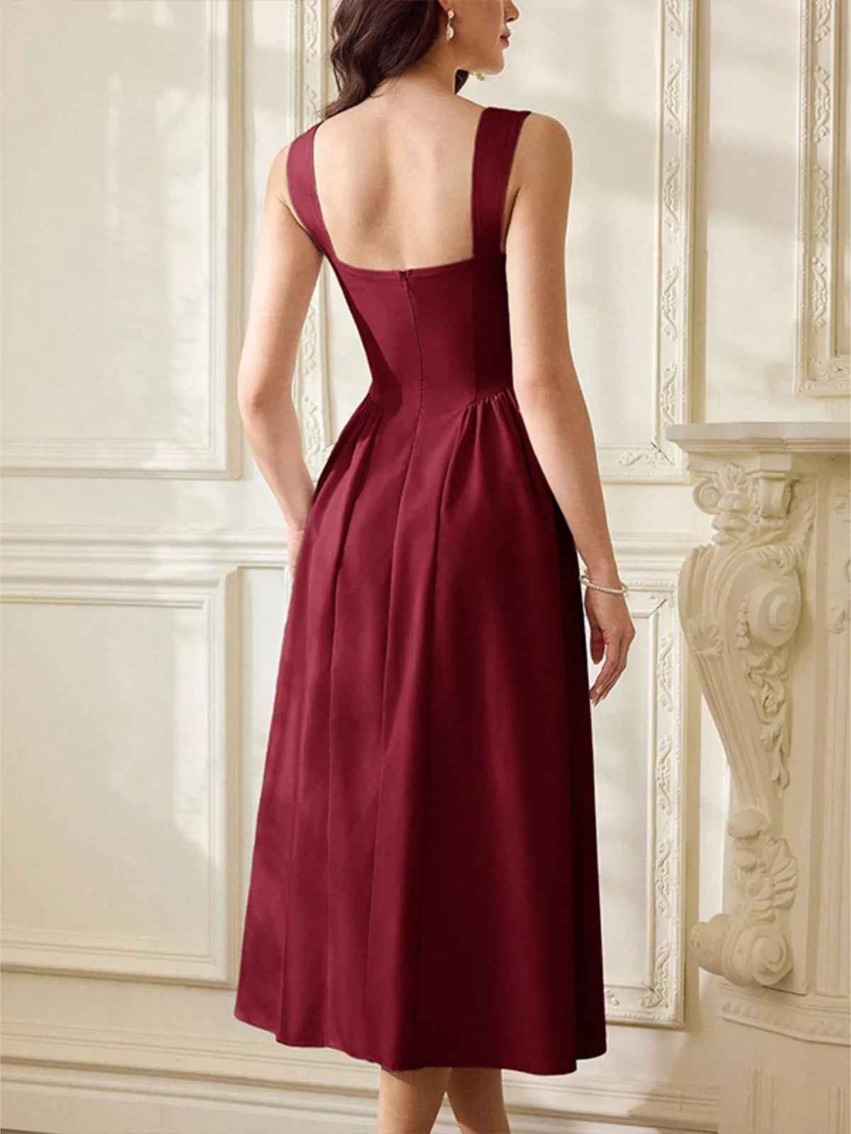 Sweetheart Neckline A-Line Midi Dress in Red