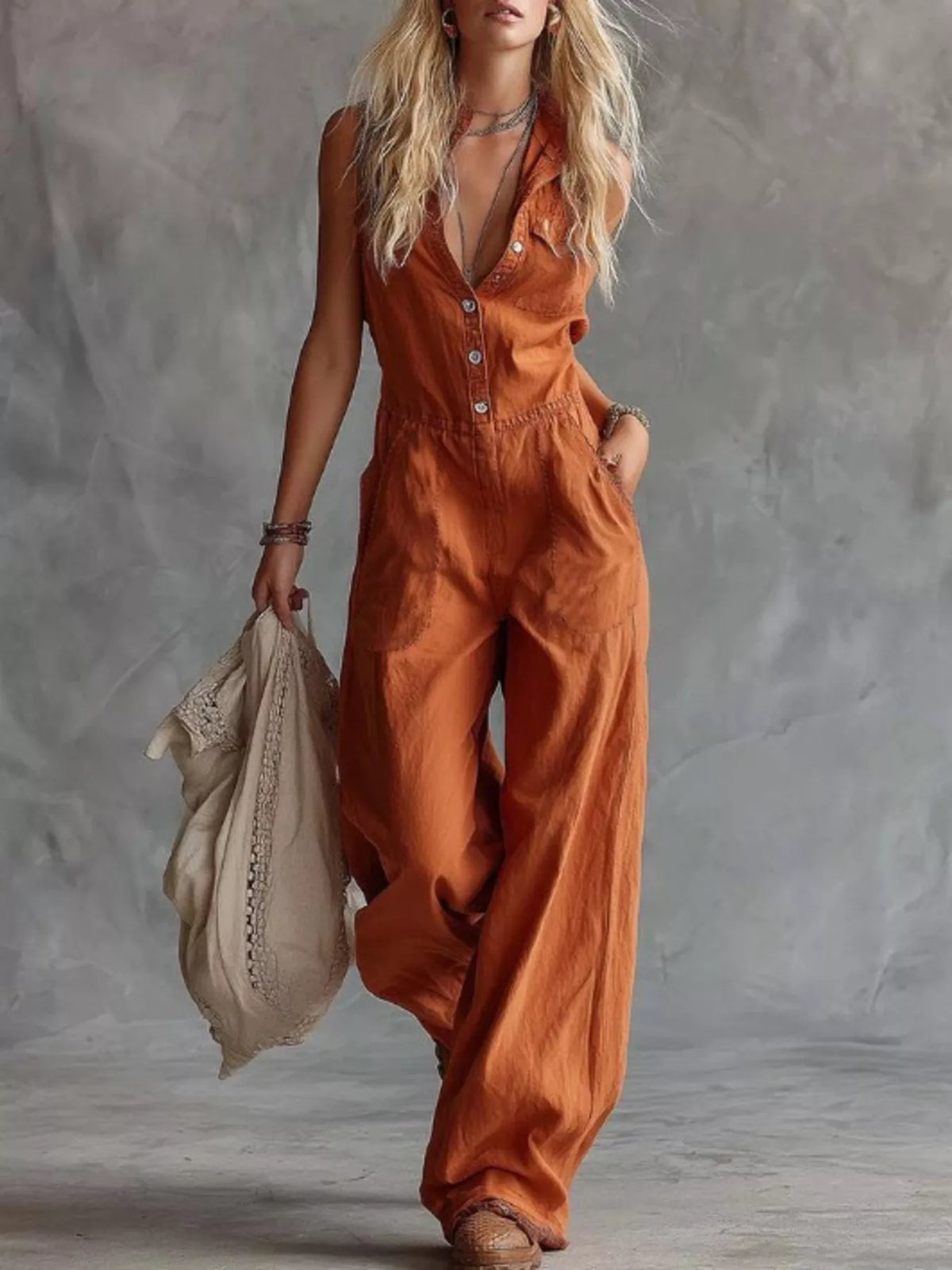 Sleeveless Button-Down Wide-Leg Jumpsuit