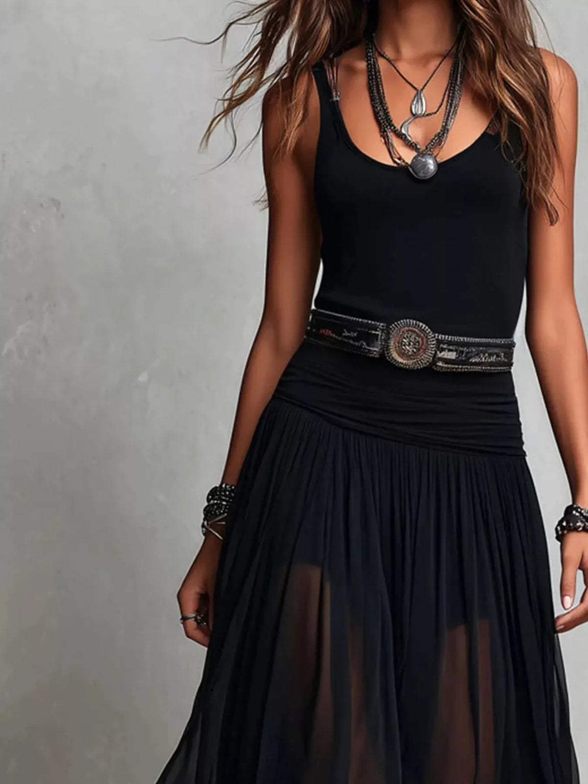 Scoop Neck Sheer Mesh Maxi Dress in Black