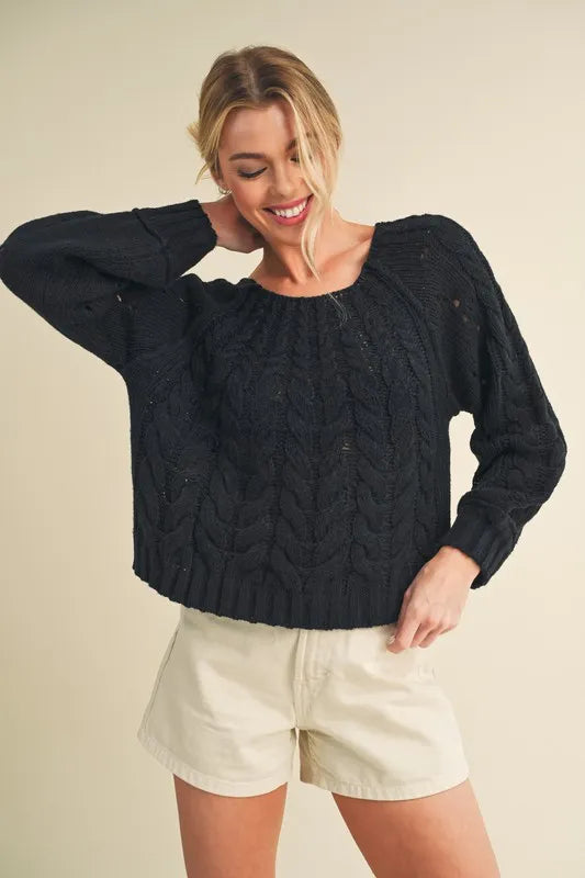 Cable-Knit Openwork Sweater in Black