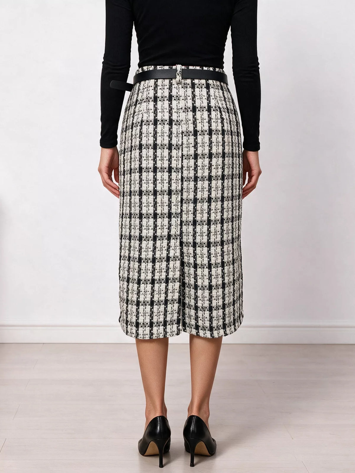 Black High-Waisted Tweed Plaid Midi Skirt