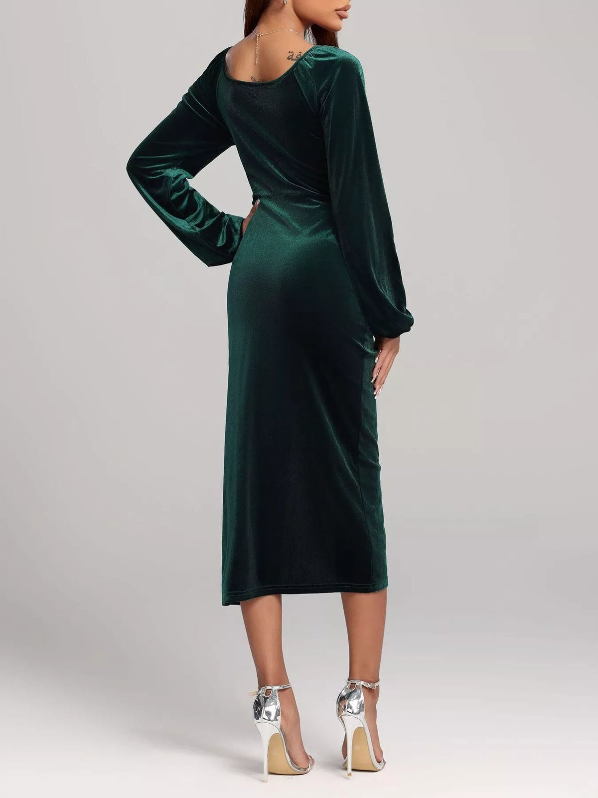 Velvet Long Sleeve Slit Midi Dress in Green
