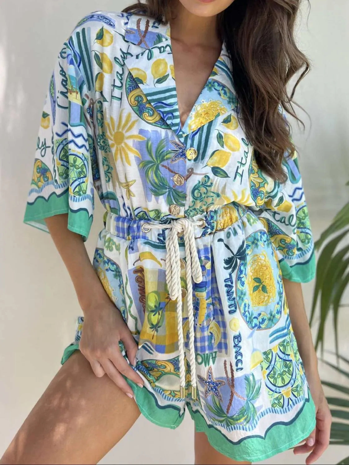 Printed Collared Romper in Turquoise