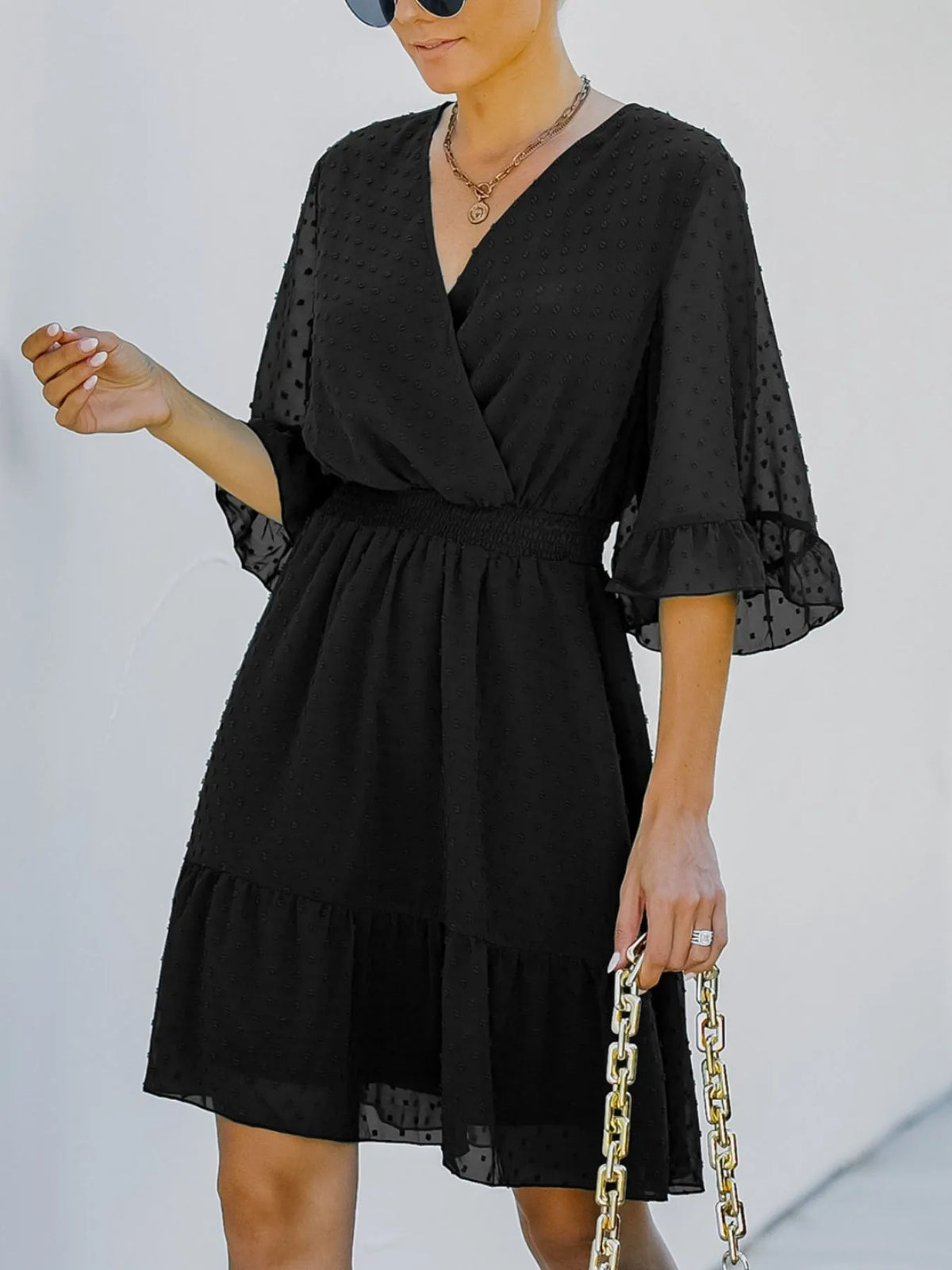 Swiss Dot Flare Sleeve Wrap Dress in Light Blue by Elaine