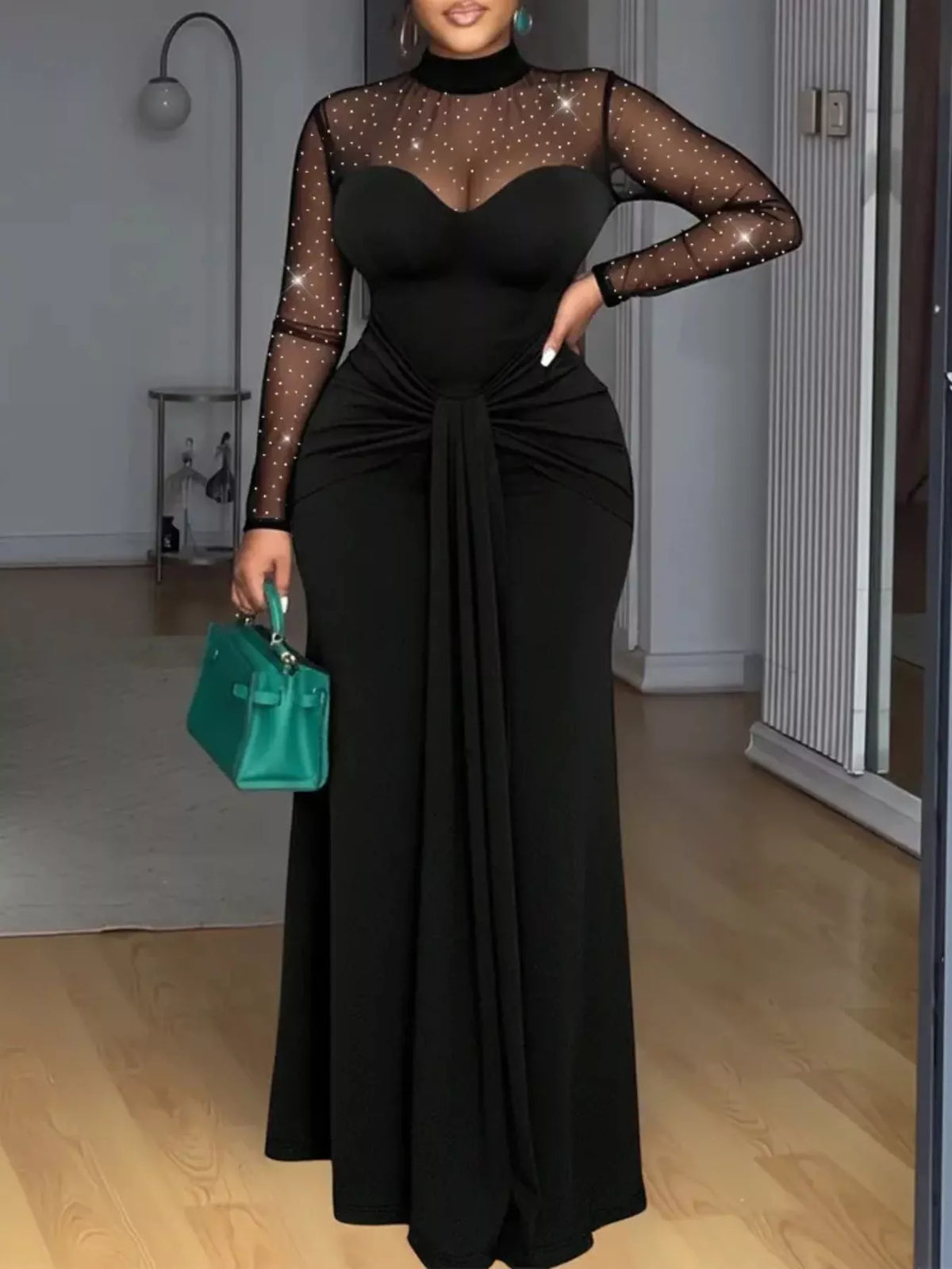 Mesh Mock Neck Maxi Dress in Black