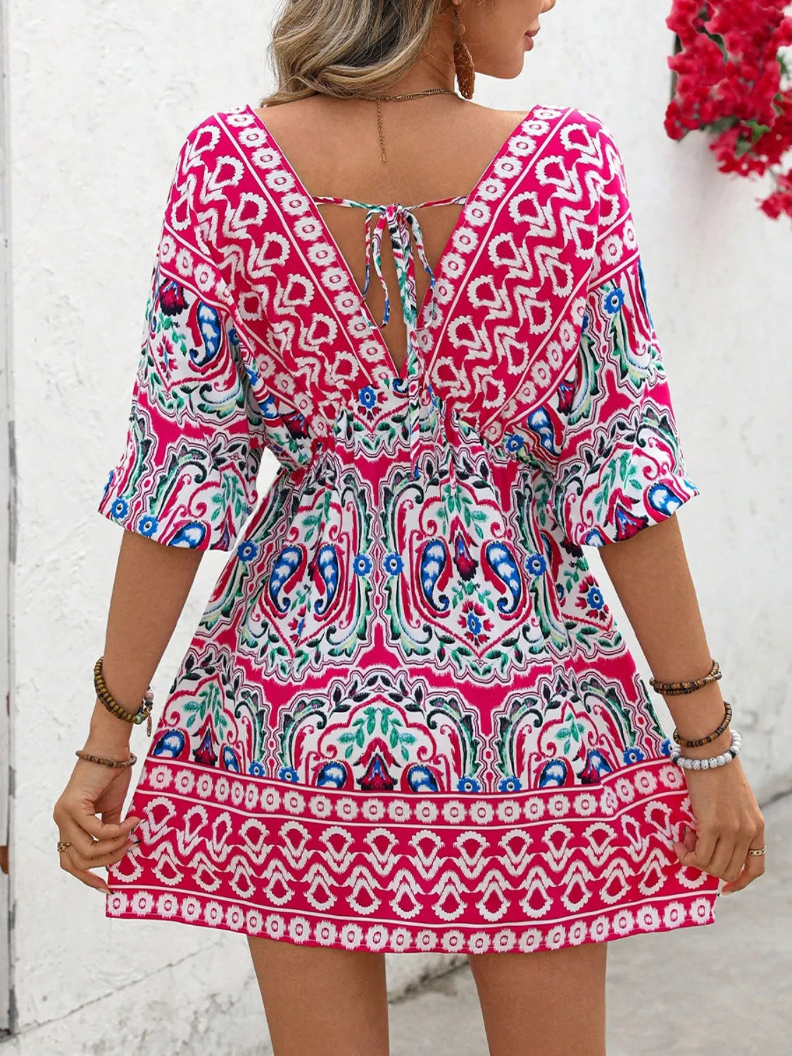 Printed Tie-Back Mini Dress in Hot Pink